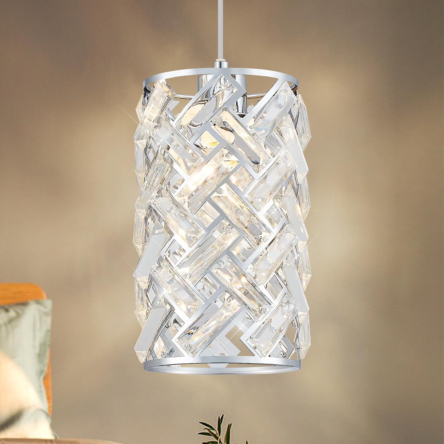 Modern Chrome Crystal Pendant Light Fixture – Adjustable Mini Chandelier Hanging Light for Kitchen Island, Dining Room, Bedroom, Hallway, or Foyer