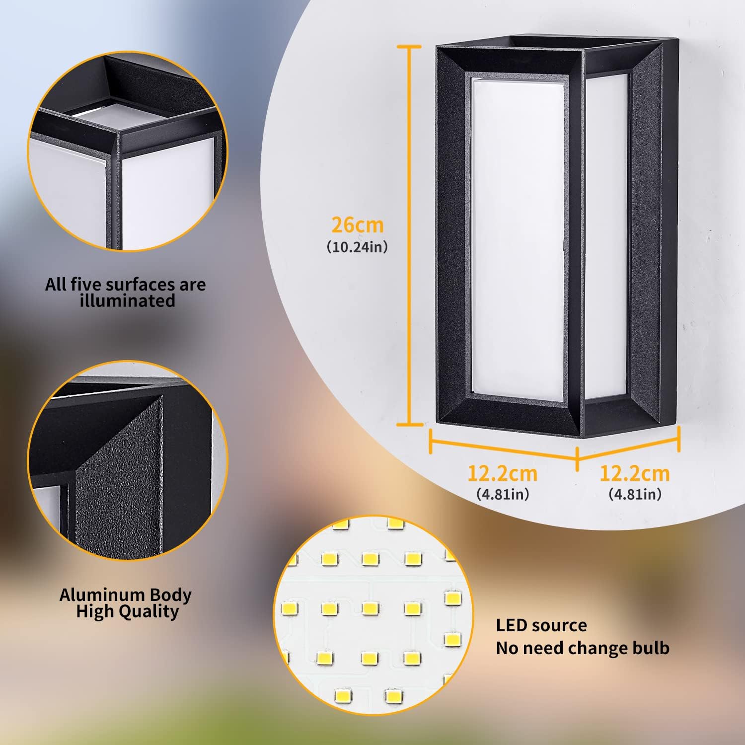LED 18W Modern Rectangular Outdoor Wall Sconce 3000K Outside Light for House Patio, Black with Full Border Warm White, IP64 Waterproof Outdoor Wall Lights for House Patio Exterior Wall (1 Pack)