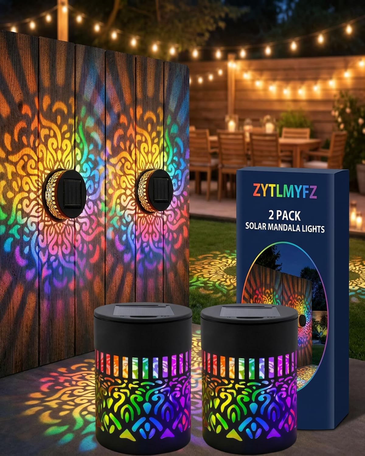Solar Mandala Lights Outdoor Wall Powered Projector Light Decorative Projection Color Changing Seven-Color Ambient Glow Metal Hollow Iron Waterproof Garden Fence Patio Yard Mounted(2pcs)