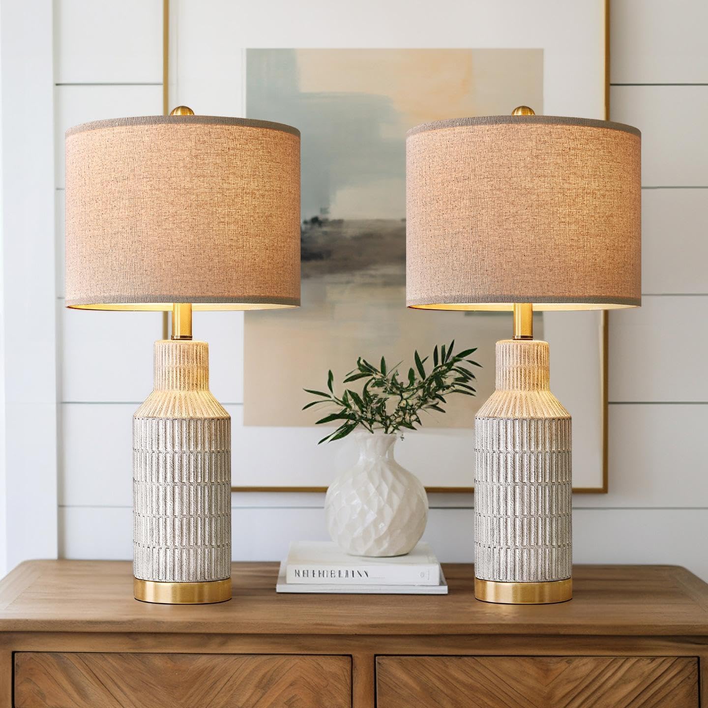 USumkky 25″ Table Lamps Set of 2 – Modern Bedside Lamps for Living Room – White Washed Ceramic Nightstand Lamps for Bedroom