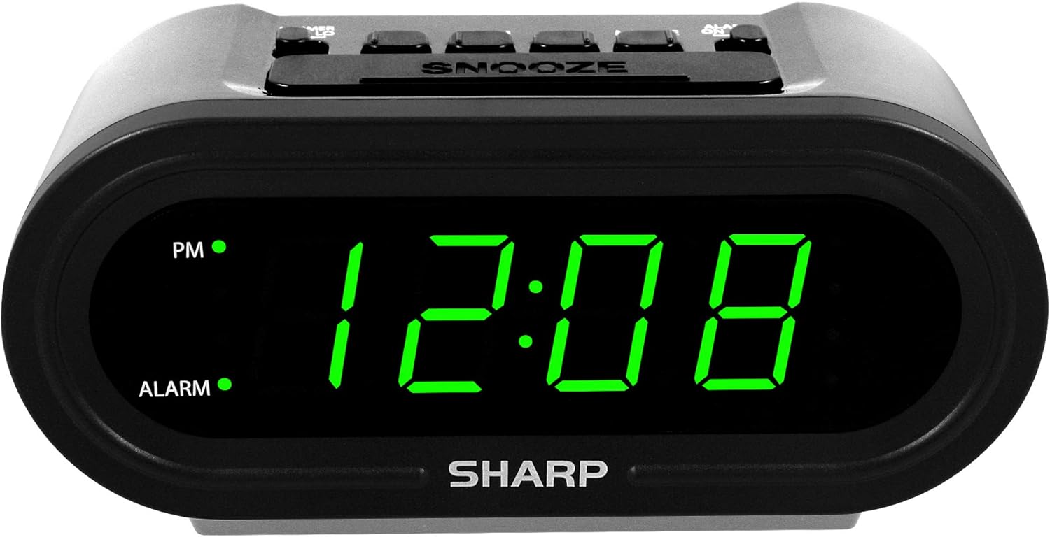 Sharp AccuSet Self-Setting Alarm Clock with Auto DST, Green LED | Automatic time setting; Auto DST adjustment; Battery backup; Easy-read LED display; Simple plug-and-play setup
