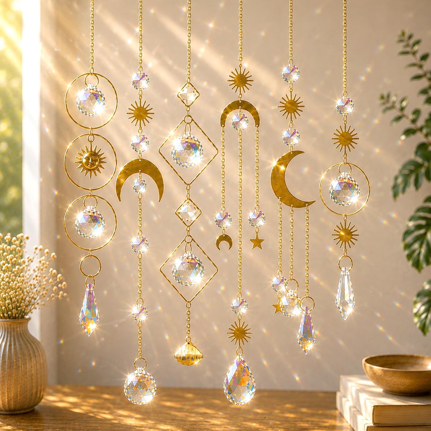 6Pieces Colorful Crystals Suncatcher Hanging Sun Catcher with Chain | Pendant Ornament Crystal Balls for Window Home Garden Christmas Day Party Wedding Decoration