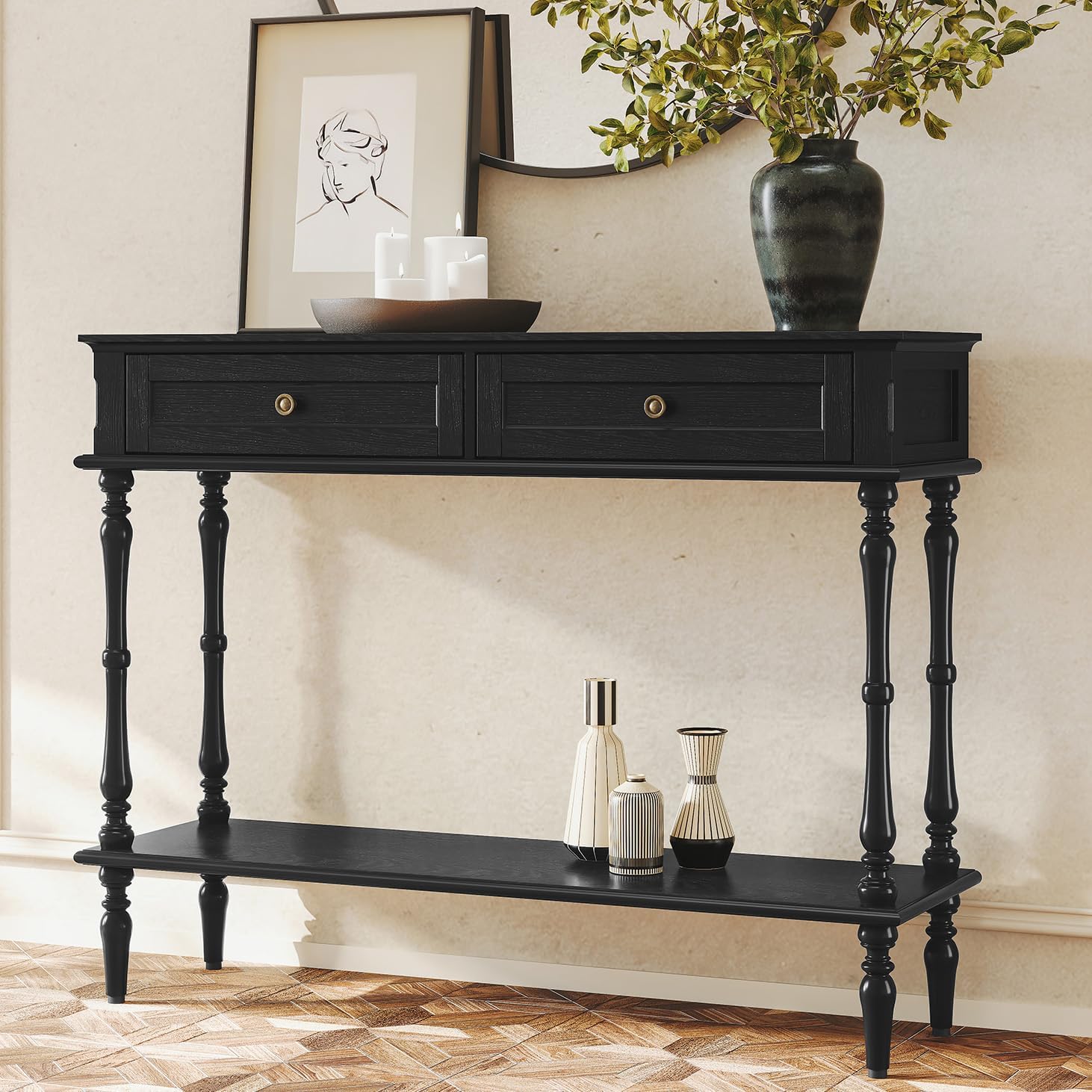 ARTPOWER Console Table for Entryway with 2 Drawers-Minimal Assembly,Black Retro Entryway Table with Storage Cabinets and Open Shelf,Narrow Long Couch Table Behind Sofa for Living Room,Foyer,Hallway