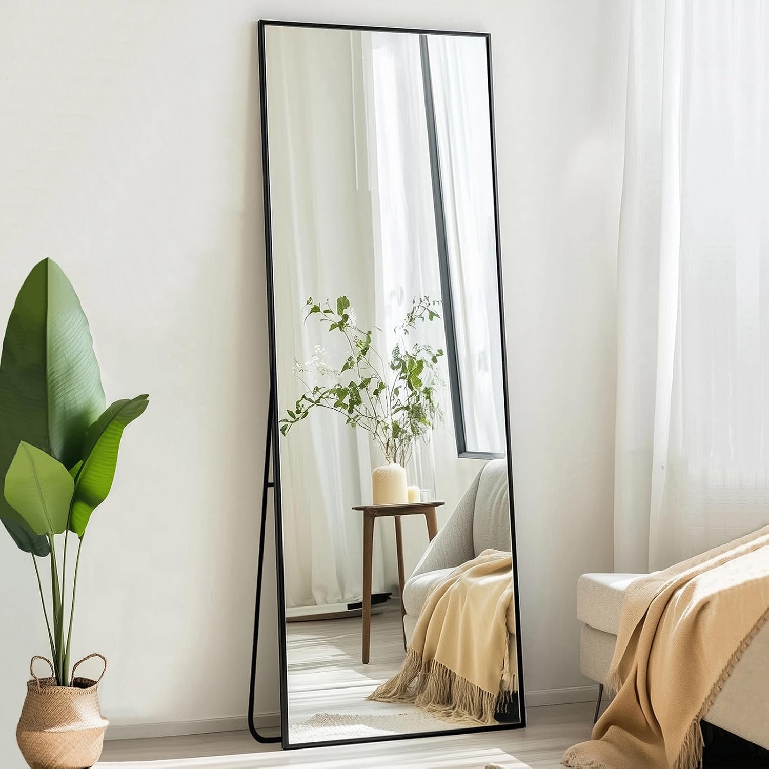 Sunniry Full Length Mirror 56×16 inch, Black Full Body Mirror | Aluminum Metal Frame, No Distortion, High Definition, Standing Mirrors for Bedroom, Livingroom, Cloakroom