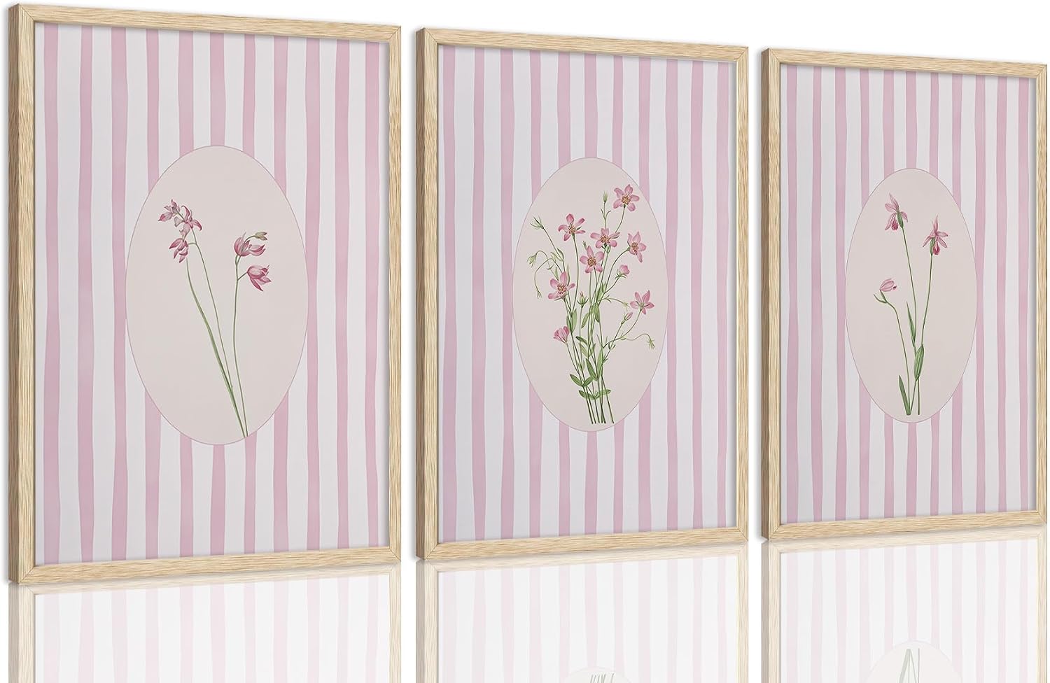 SongZest 3 Piece OAK Framed Wall Art Pink Floral Canvas Wall Art Pink Striped Flower Prints Cottagecore Botanical Pictures Wall Decor Minimalist Aesthetic Paintings Artwork for Bedroom Bathroom Living Room 12x16in