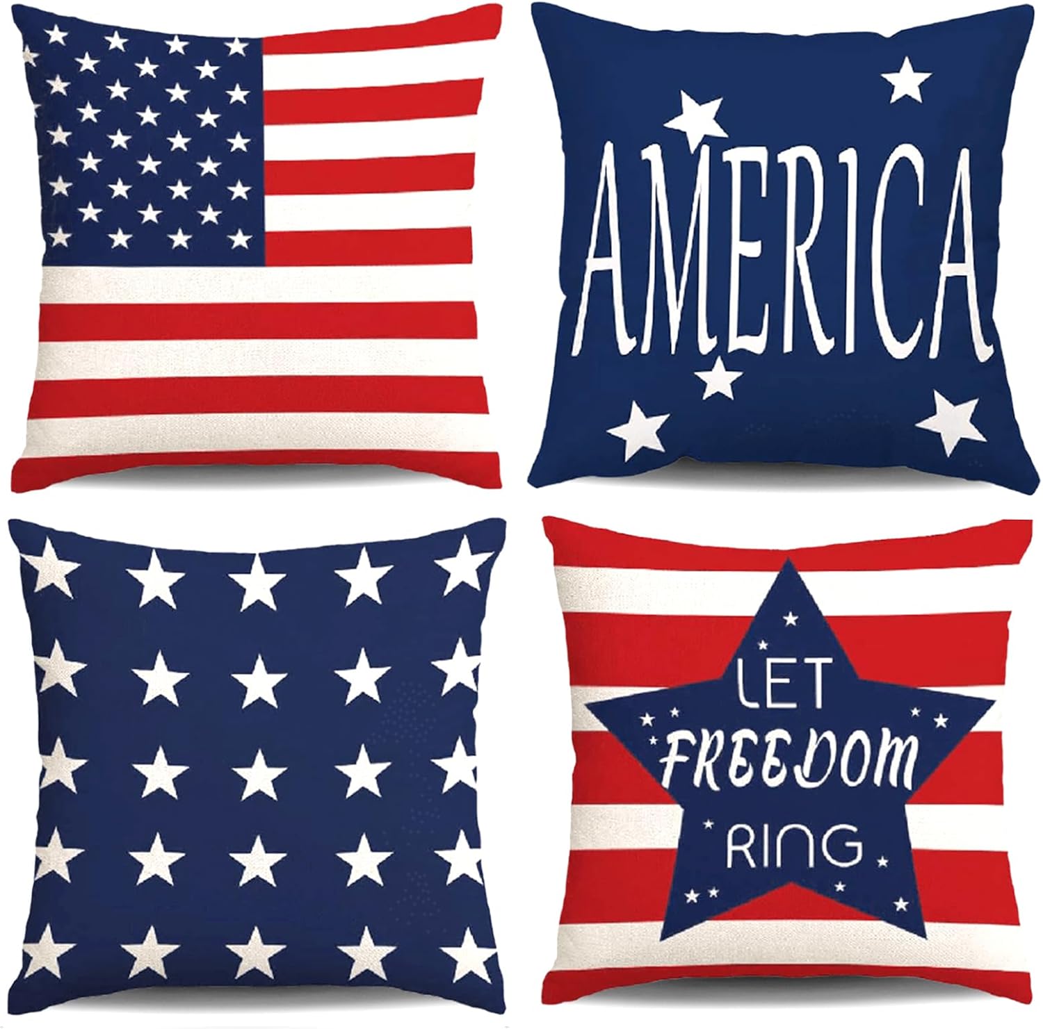Hongsome 4th of July Throw Pillow Covers 18x18in Set of 4,Patriotic Pillow Case for Independence Day,Memorial Day,Veteran’s Day,USA,American Summer Outdoor Red White Blue Decorations