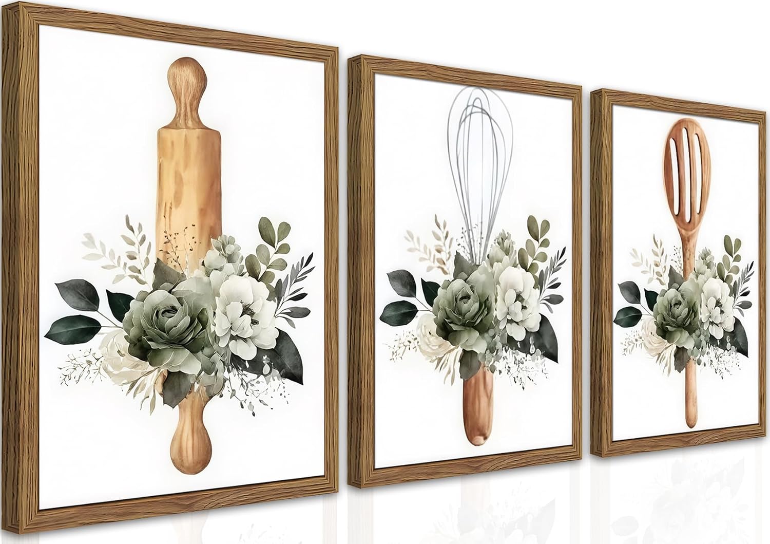 Modern Kitchen Canvas Wall Art Set of 3 – Framed Minimalist Floral Plant Wall Decor, Flowers Kitchen Utensil Posters Prints for Kitchen Dining Room Home Decor – 12x16in