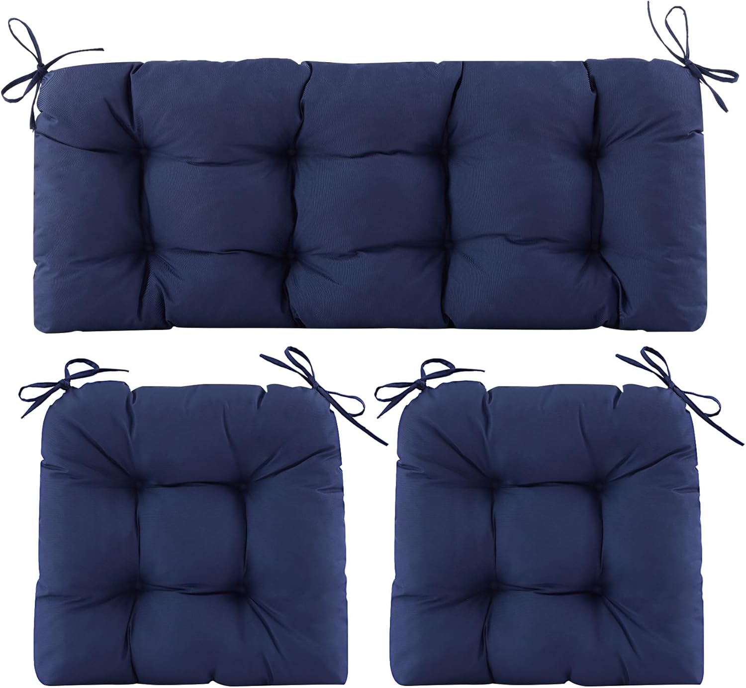 Wicker Chair Cushions of 3 Pieces, Waterproof Cushions for Patio Furniture, Tufted Wicker Outdoor Furniture Cushions, 1 Patio Loveseat Cushion and 2 U-Shaped Cushions, 44″x19″x5″, Navy Blue
