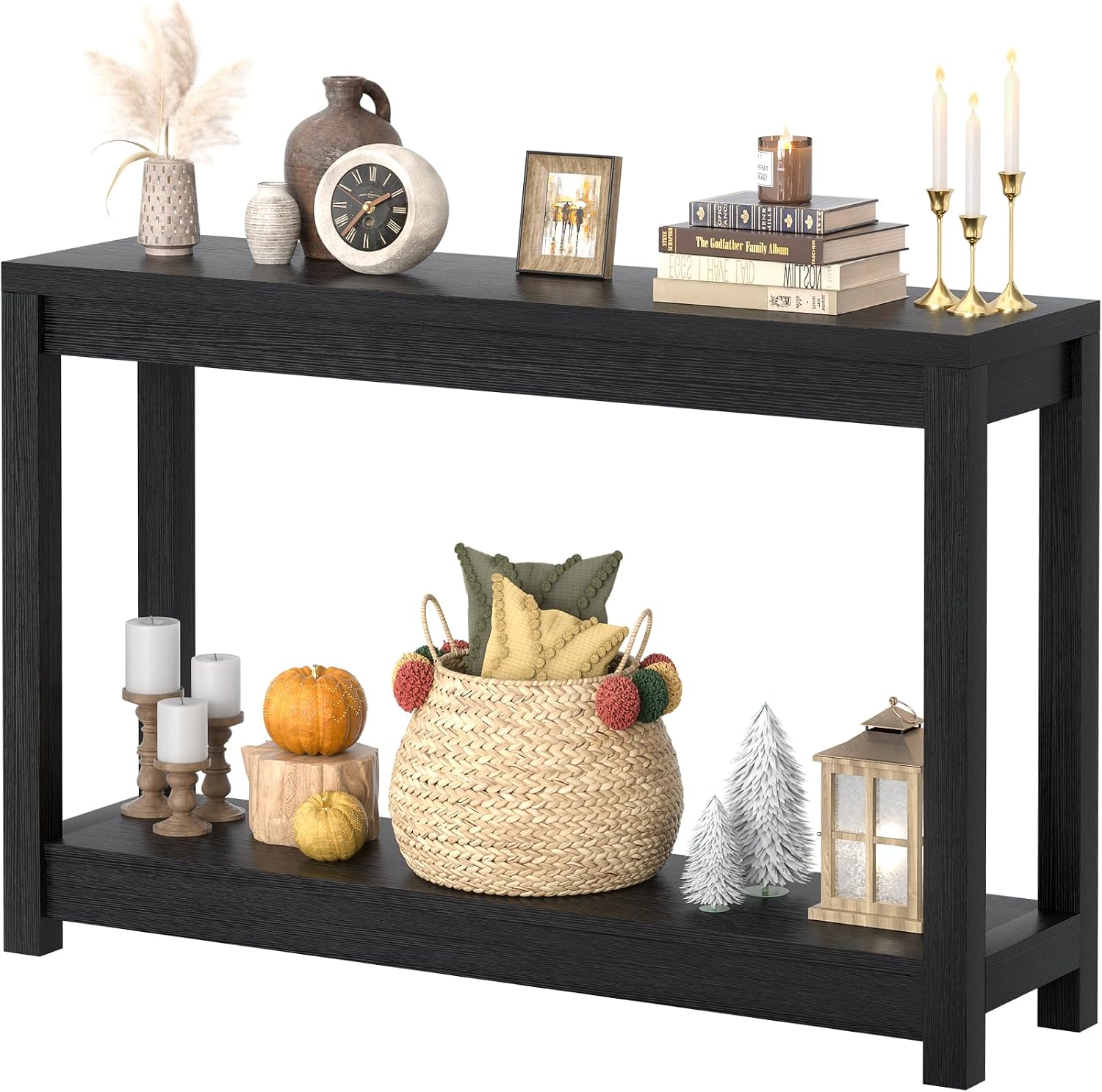 Besiost 47″ Farmhouse Wood Entryway Table Narrow Console Table with Storage Behind Couch Sofa Table with Shelves for Entry Way with Open Storage, Easy Assembly, Embossed Wood Grain Black