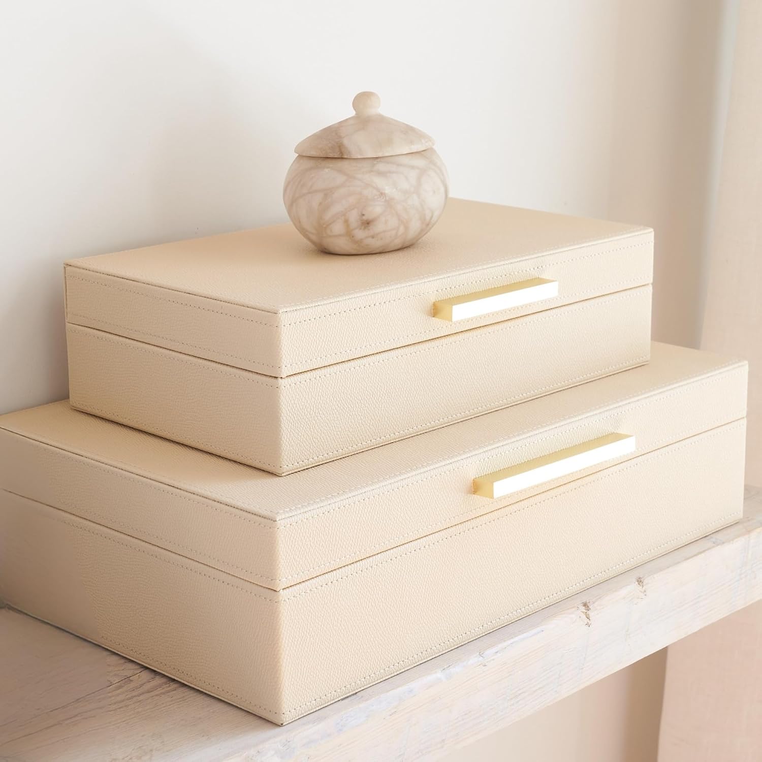 ZICOTO Decorative Storage Boxes with Lids – Set of 2 Beautiful PU Leather Organizer Bins for Your Bookshelf Home Decor – Safely Store Photos, Documents and Memory Box Keepsakes in Style