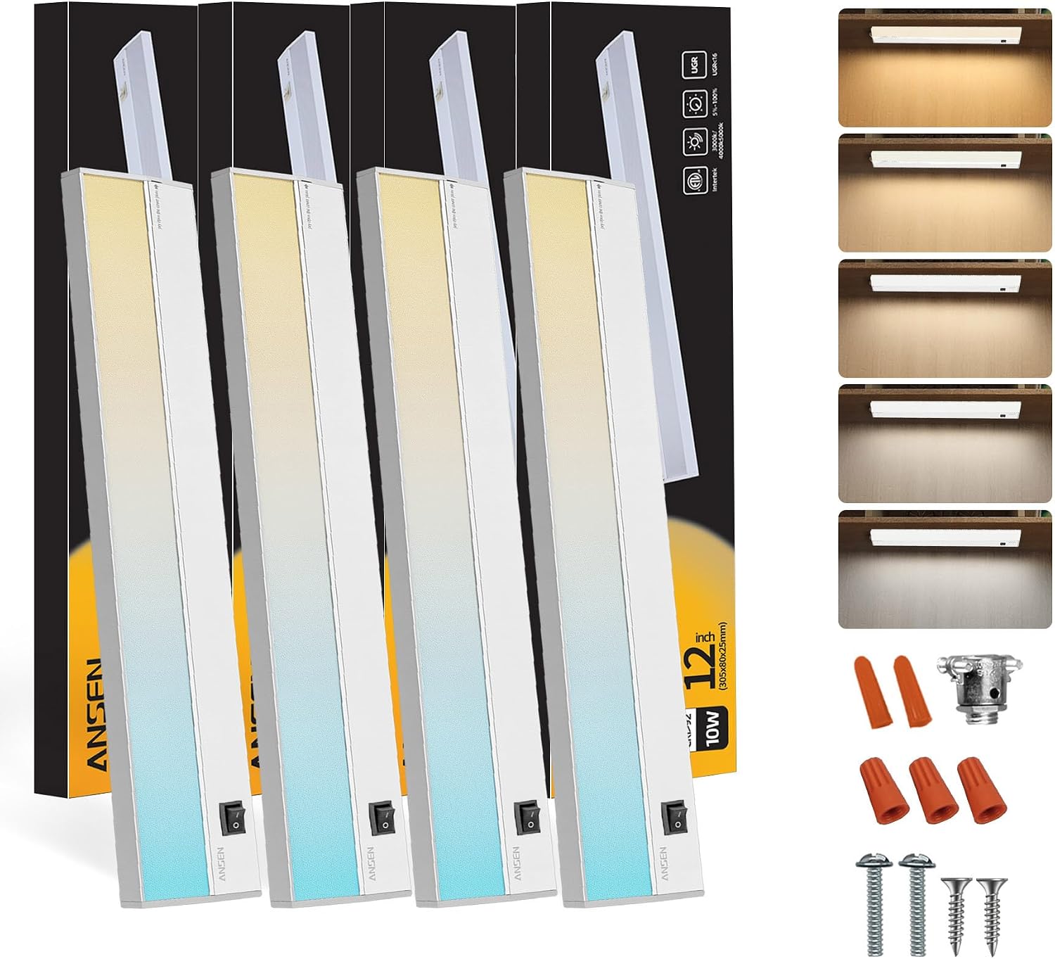 Ansen 4Packs of Under Cabinet Lighting Hardwired, 12IN 10W 666LM, Dimmable Led Light for Kitchen/Bar/Closet, CRI>92, R9>90, 5 Color Temperature, 2700K-5000K(Warm White, Cool White, Daylight)