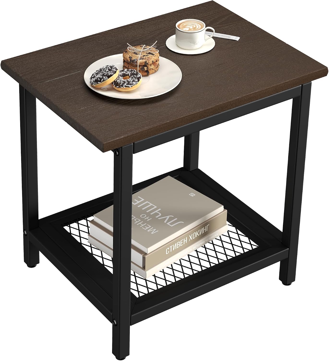 2-Tier Outdoor Side Table with Storage, Weather Resistant Patio End Table, HDPS Small Accent Table for Deck, Garden, Pool, Backyard, Brown