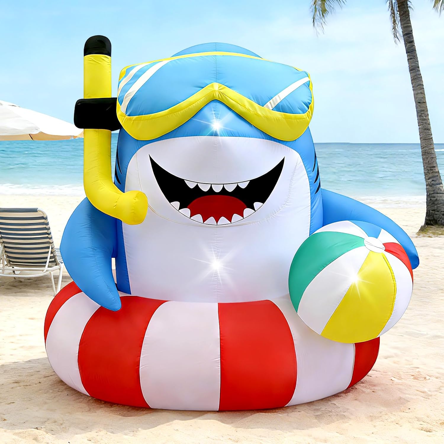 4FT Inflatable Shark with Beach Ball for Summer Outdoor Decor, Blow Up Shark Built-in 3 LED Lights for Beach Pool Ocean Party Decorations, Birthday Party Supplies, Yard Garden Indoor Photo Backdrop