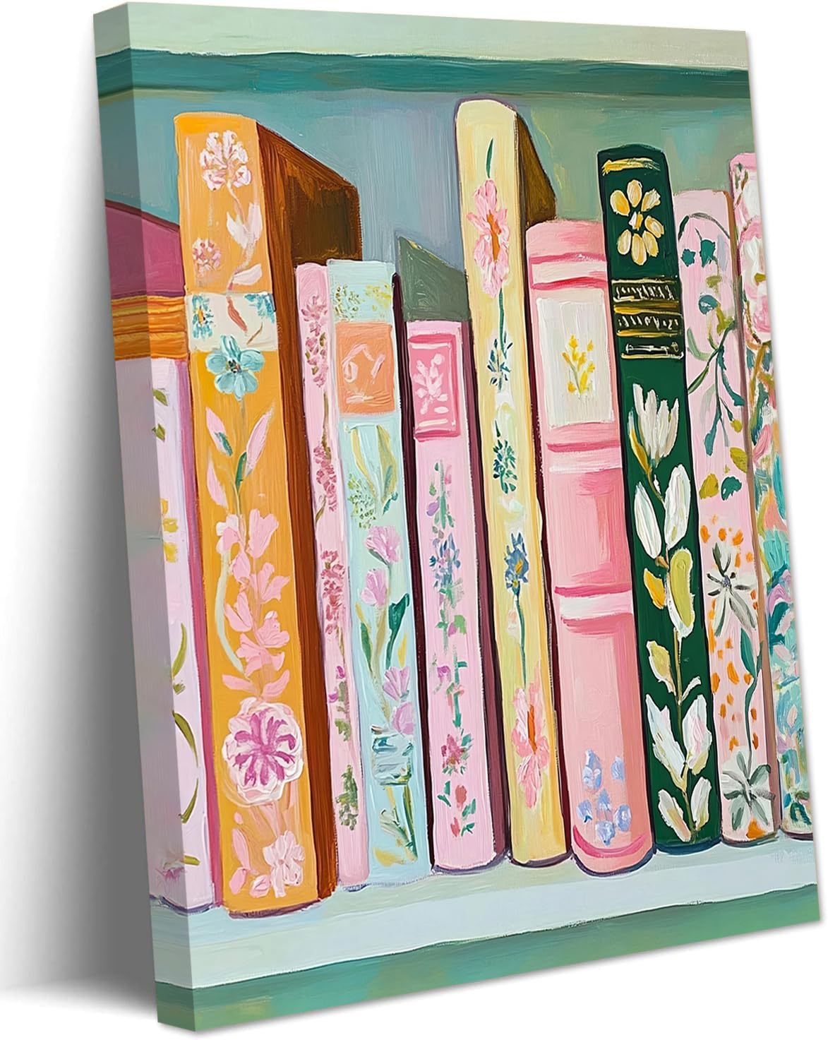 Book Wall Art Vintage Flower Books Canvas Wall Decor Pastel Bookshelf Artwork Painting Pictures Colorful Book Stack Posters Prints for Living Room Bedroom Reading Nook 12×16 Inch Framed