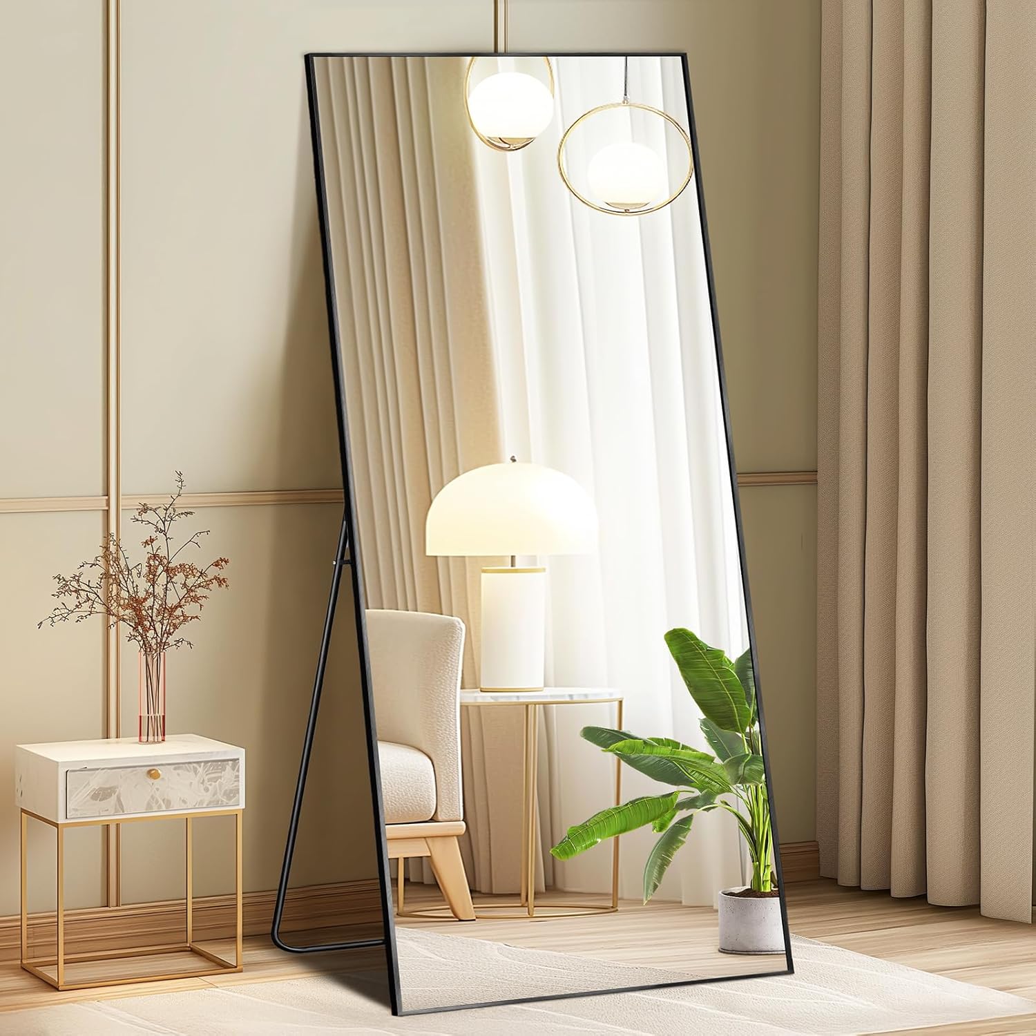 DUMOS 64″x21″ Full Length Mirror with Stand, Floor Standing Aluminum Frame, ShatterProof Nano Glass for Bedroom, Living Room, Cloakroom Modern Simple Home Decor, Can Be Hanging, Leaning or Wall, Black