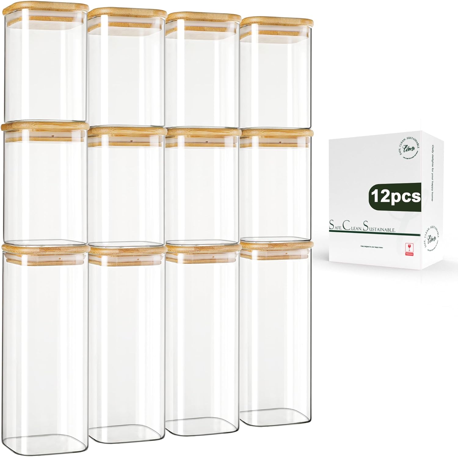 LIBWYS 12-Pack Square Glass Storage Jars with Bamboo Lids (0.6Qt/1.06Qt) – Stackable Food Containers for Pantry Organization, Coffee, Flour, Snacks, Tea | Kitchen Canisters Set | Stackable Dry Food Containers for Pantry Organization, Coffee, Flour, Snacks, Tea, Pasta, Spaghetti | Kitchen Canisters Set