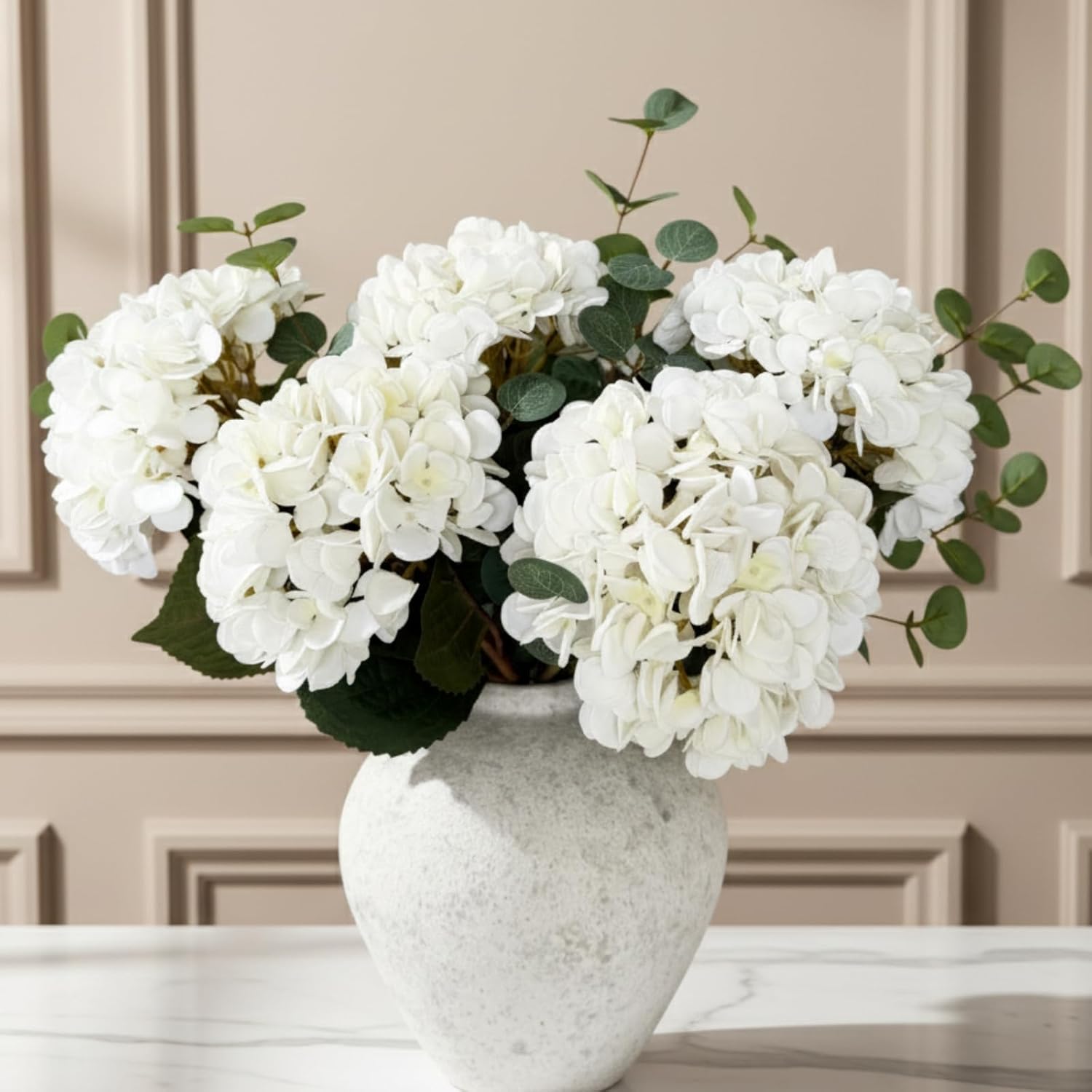 Real Touch White Faux Hydrangea And Eucalyptus Arrangement, Faux Floral Arrangements, Hyper Realistic Artificial Flowers, White Centerpieces For Kitchen Dining Coffee Table Decor (Vase Not Included)