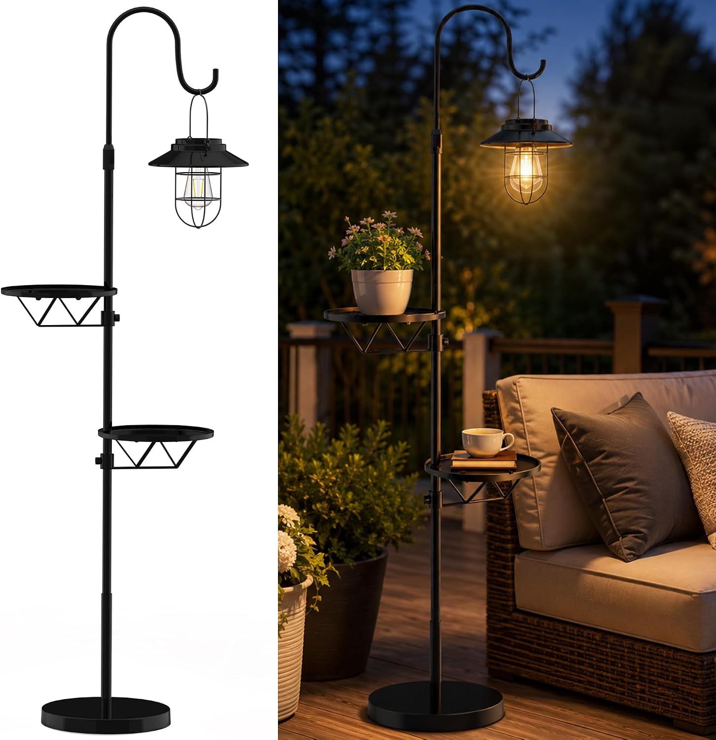 Candieslife 61″ H Solar Lights Outdoor with Plant Stands – Metal Shepherd Hook Lantern, Waterproof Floor Lamp with Heavy Base for Patio Porch Deck Yard Garden Decor