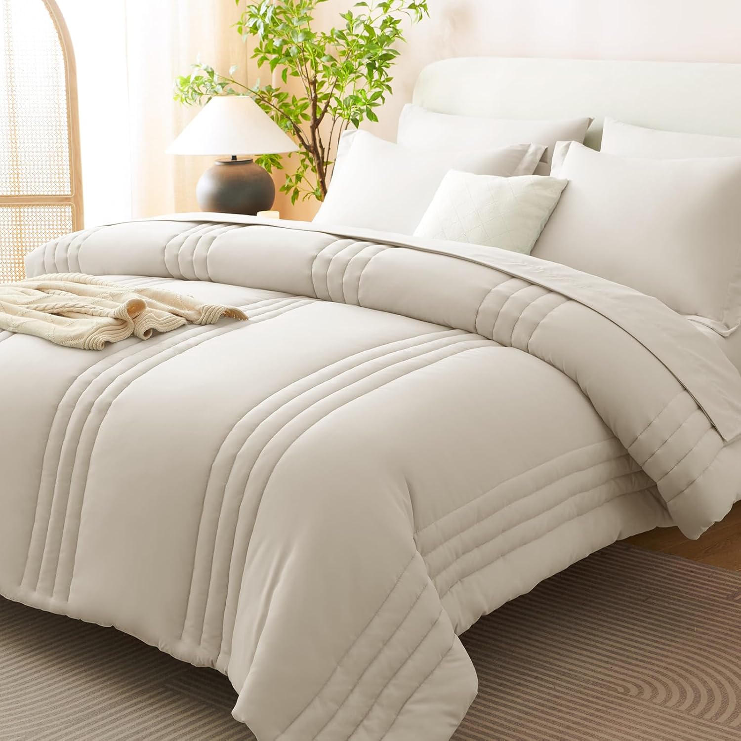 CozyLux Queen Comforter Set Beige – 7 Pieces Bed in a Bag, Modern Vertical Quilted Room Decor, Soft All-Season Bedding Gift with Comforter, Sheets, Pillowcases & Shams