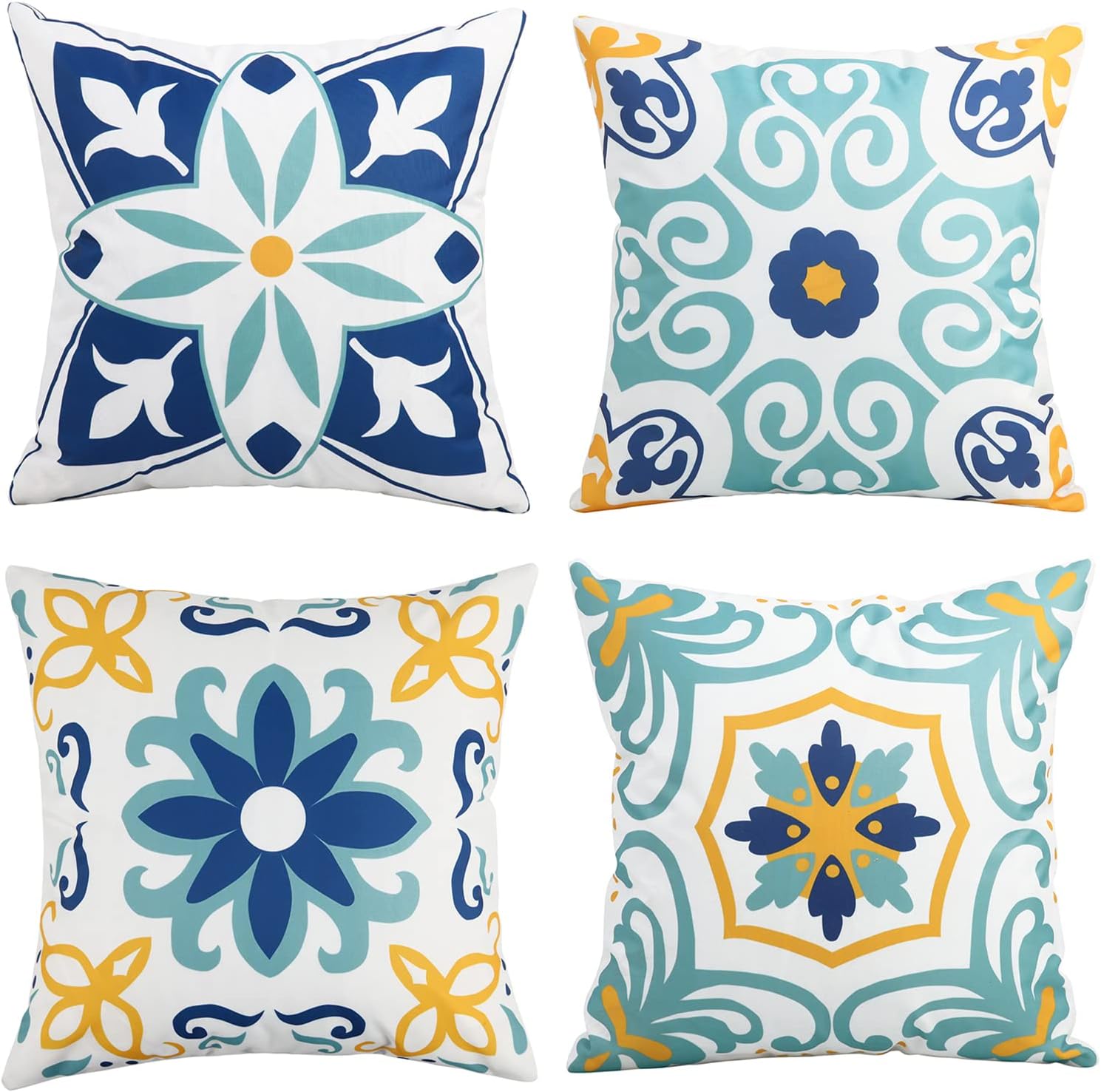 Pyonic Outdoor Waterproof Throw Pillow Covers Set of 4 Floral Printed and Boho Farmhouse Summer Outdoor Pillow Covers for Patio Funiture Garden 18×18 Inch Blue