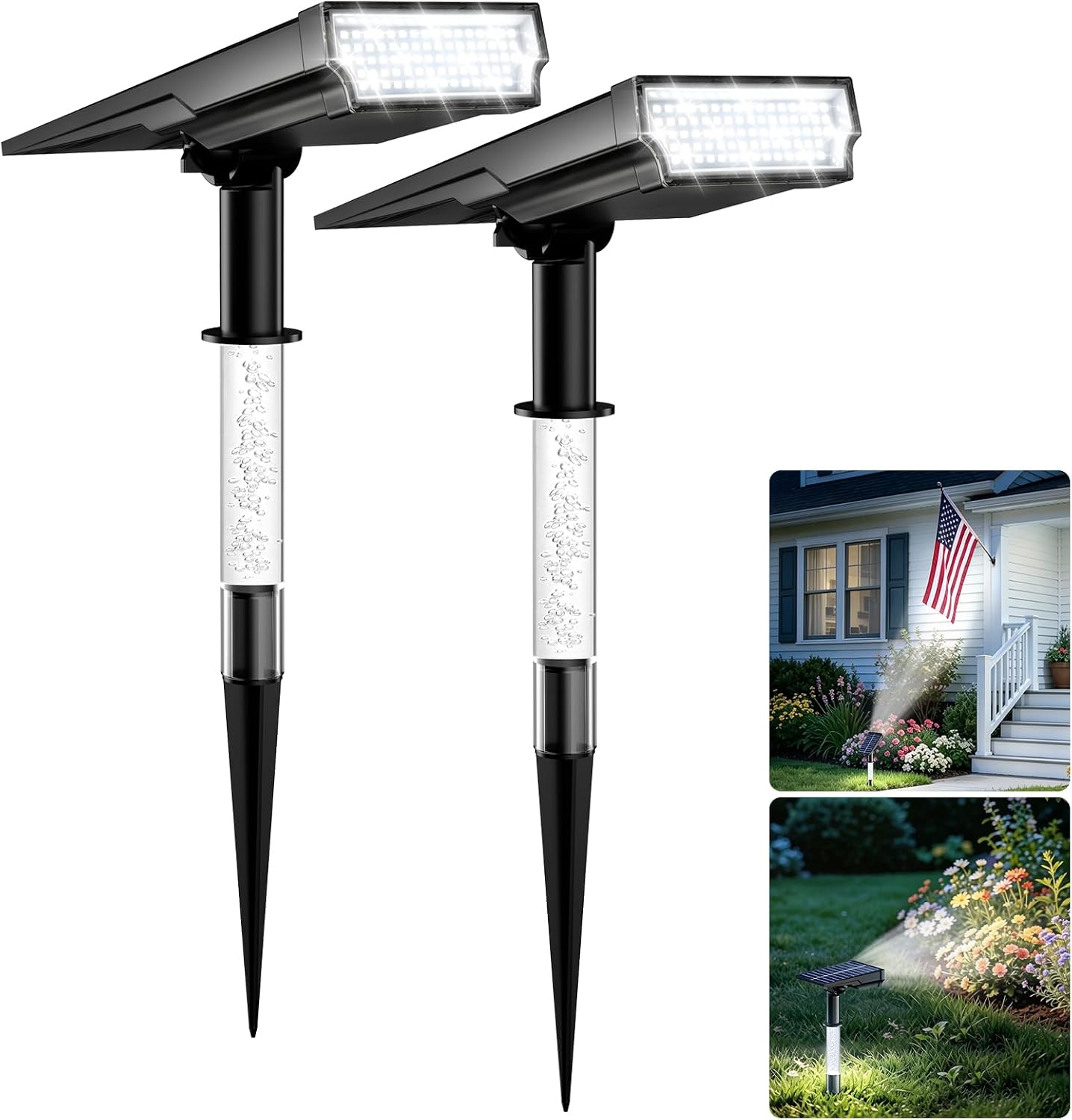 Solar Spotlights Outdoor Waterproof, 76-LED Super Bright Solar Lights Outdoor, 2 Lighting Modes Garden Lights Solar Powered for Pathway Yard Tree Statues- Cool White, 2 Pack