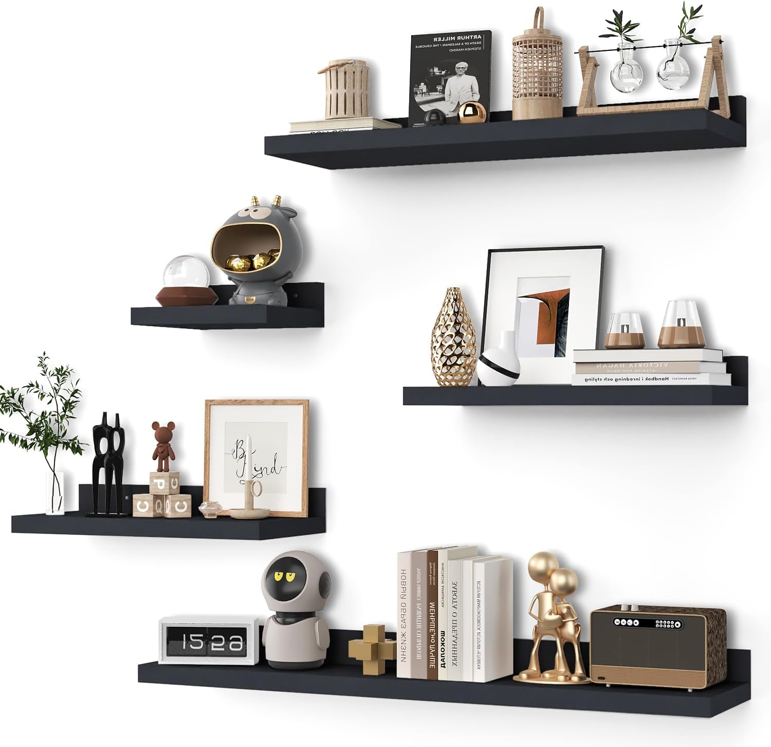 Floating Shelves for Wall Set of 5,Black Floating Shelves bathroom,30 Inch Natural Wood Book Shelf for Wall Mounted,Home Decor Display Shelving,Storage Shelves for Living Room,Bedroom,Kitchen