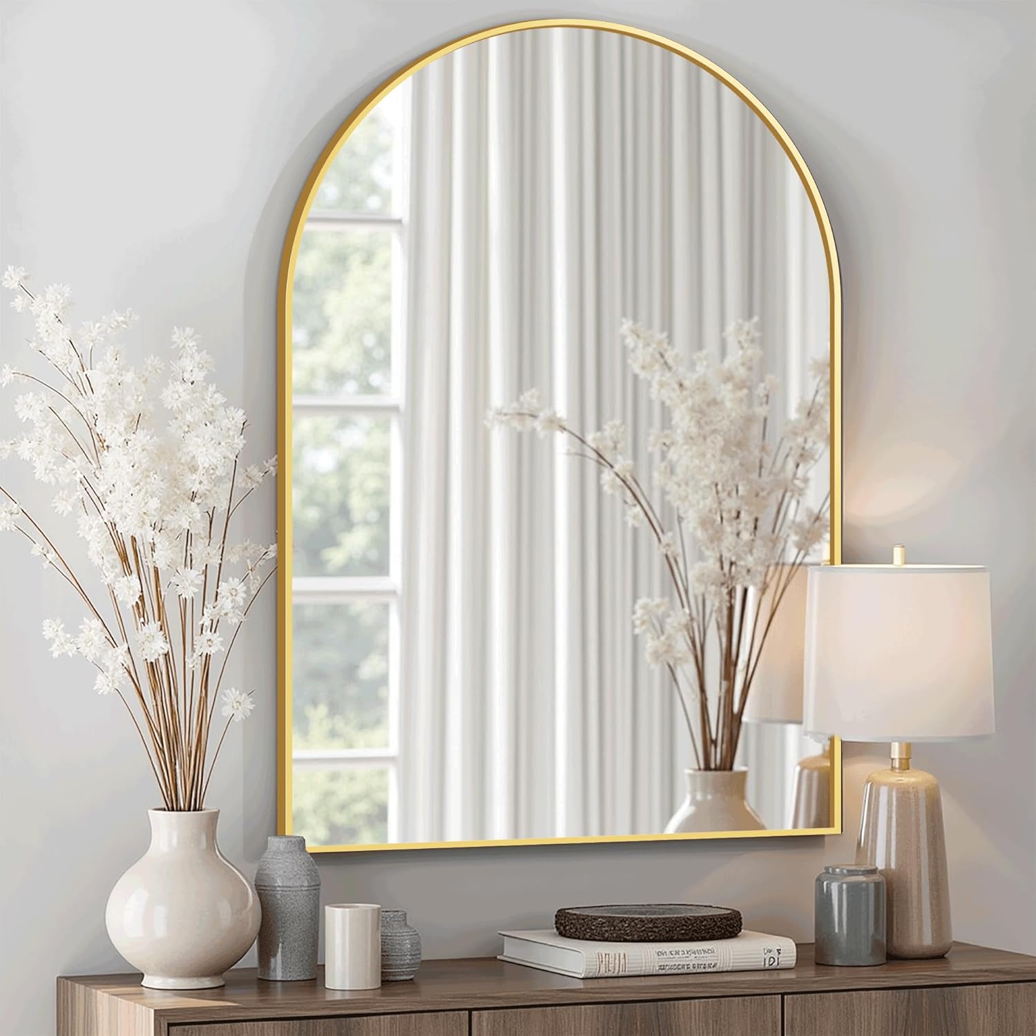 Arched Bathroom Mirror for Wall, 30″ x 20″ Gold Metal Frame Vanity Mirror, HD Glass Over Sink for Bathroom, Entryway, Bedroom
