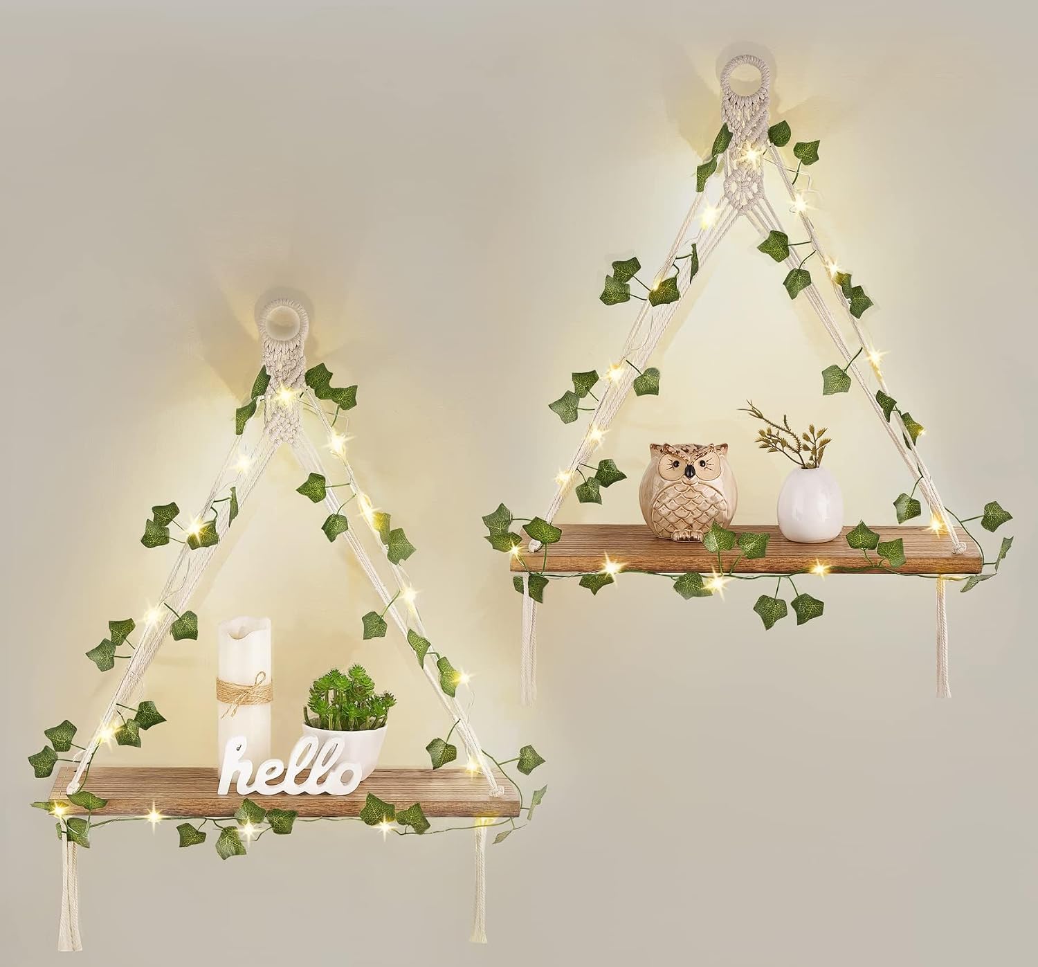 Mkono Macrame Wall Hanging Shelves Set of 2 with Artificial Ivy Lights | Boho Wall Decor, Wood Floating Storage Shelf, Display Plants Photos, Bedroom Bathroom Living Room Nursery Dorm Kitchen, White