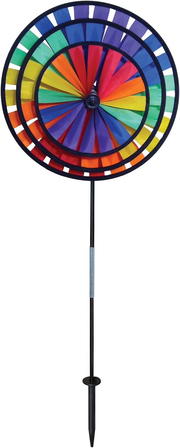 In The Breeze Rainbow Triple Wheel Spinner- Ground Stake Included – Colorful Wind Spinner for your Yard and Garden