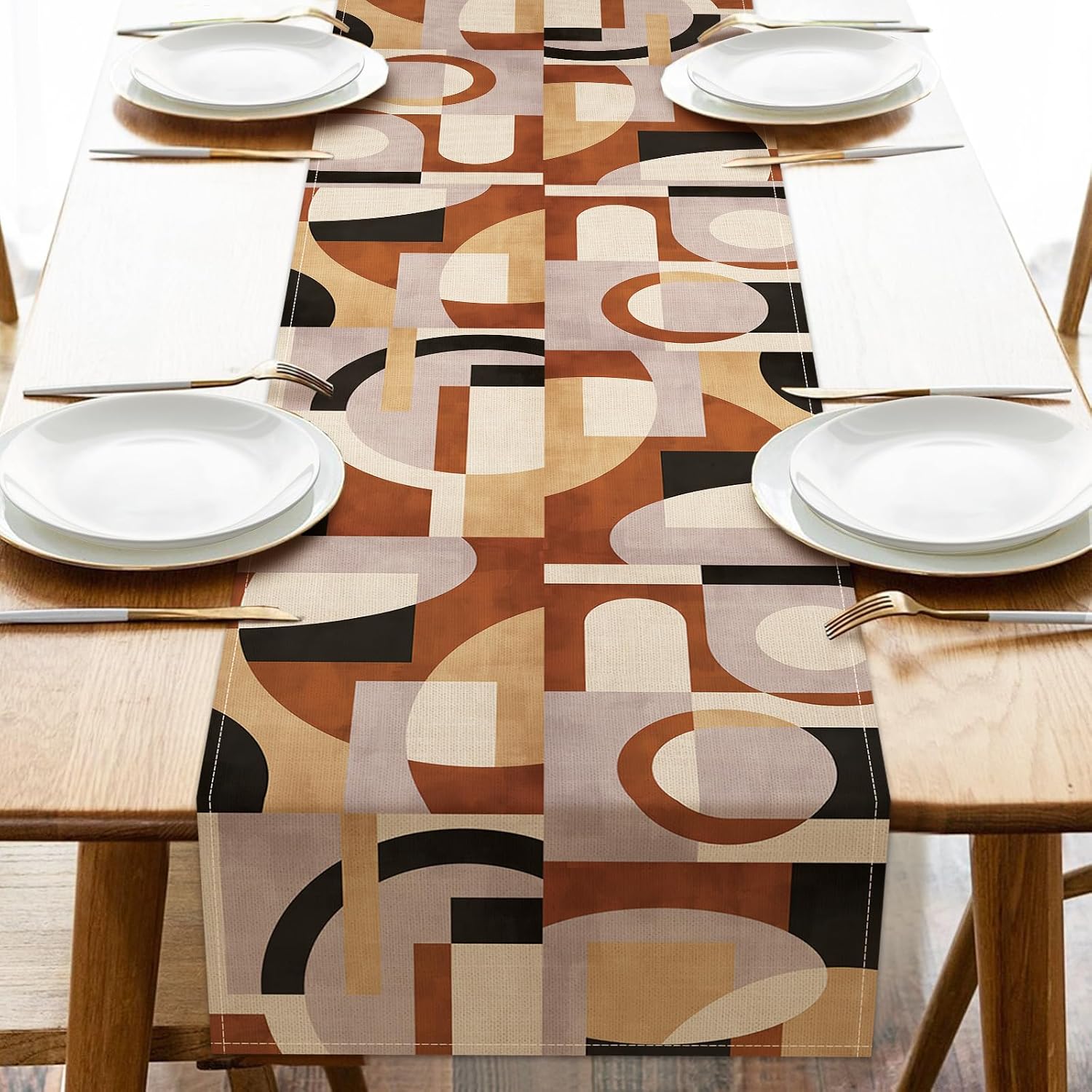 Abstract Geometric Dining Table Runner, Vintage Mid Century Modern | Art Burlap Kitchen Decoration, Retro Contemporary Indoor Outdoor Home Decor Party Supply 13 x 72 Inches