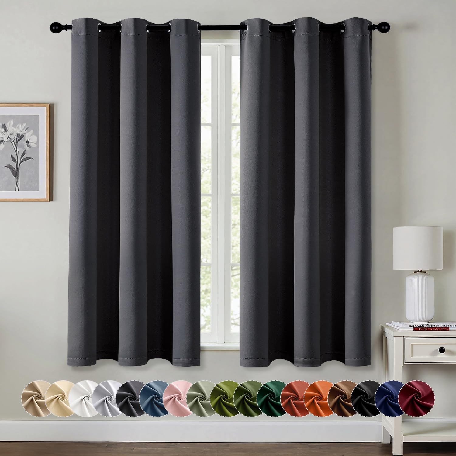MIULEE Blackout Curtains for Bedroom 2 Panels 40 x 63 Inch Long Dark Grey | Thermal Insulated, Living Room Darkening Grommet Drapes, Noise Reducing, Light Blocking Window Treatments