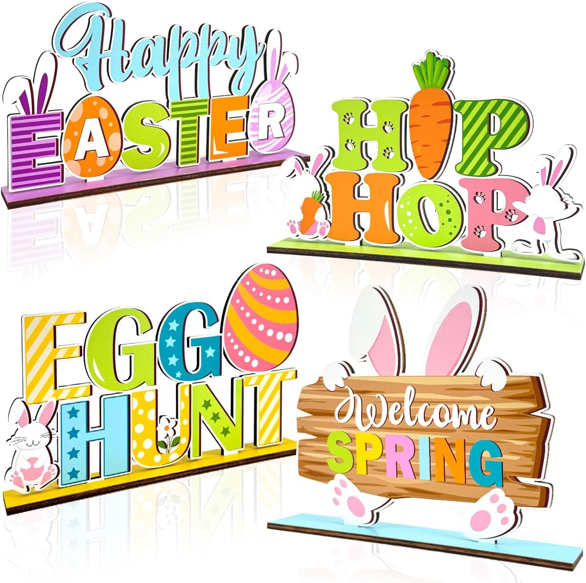 Easter Table Decoration 4 Pcs Wooden Happy Easter Table Centerpiece with Bunny Egg Carrot Tabletop Signs Welcome Spring Decorations for Dinner Party Indoor Outdoor Decor