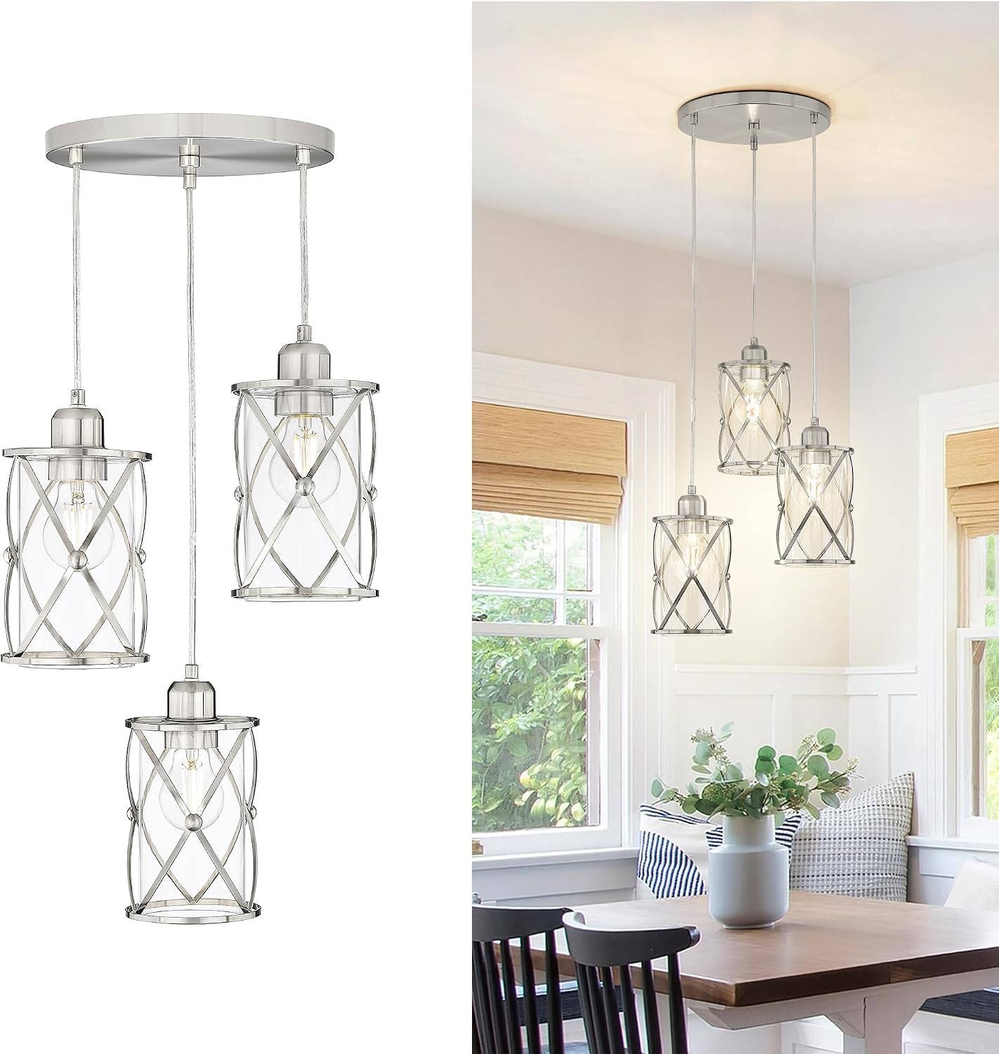Brushed Nickel Dining Room Chandelier Light Fixture, 3-Light Pendant Lighting with Clear Glass, Modern Kitchen Island Cluster Hanging Pendant Lights for Sink, CH9176BN3