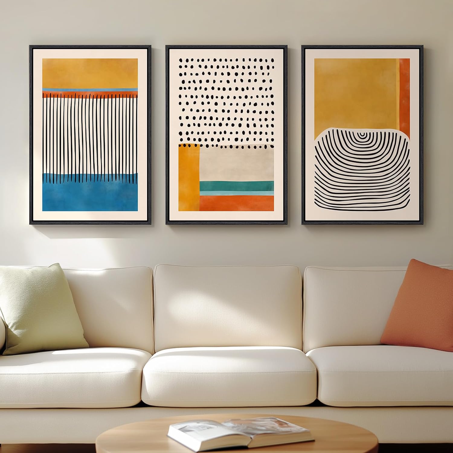 Framed Colorful Abstract Wall Art for Living Room, 3 Piece Mid Century Modern Canvas Paintings Prints Artwork for Walls, Large Modern Triptych Pictures Wall Decor for Bedroom Home Office, 16×24 Inch