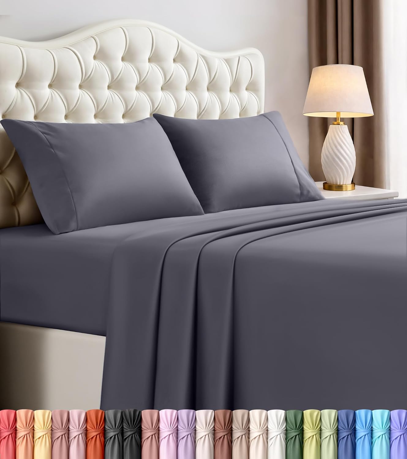 Queen Sheets Set, 4 Pieces 16″ Deep Pocket Hotel Luxury Bed Sheets, Grey | Extra Soft Bedsheet Set, Comfy & Breathable Cooling Sheets, Wrinkle & Fade Resistant, Fitted Sheet, Flat Sheet, 2 Pillowcases
