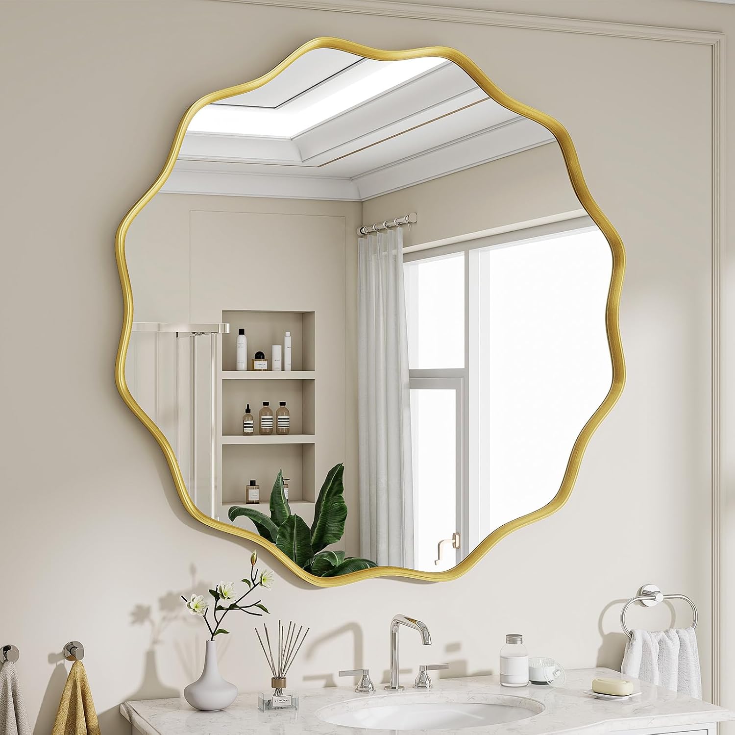 Wavy Round Mirror, 30″ Scalloped Metal Frame Gold Circle Mirror | Wall Mounted for Bathroom, Vanity, Entryway, Hallway, Living Room