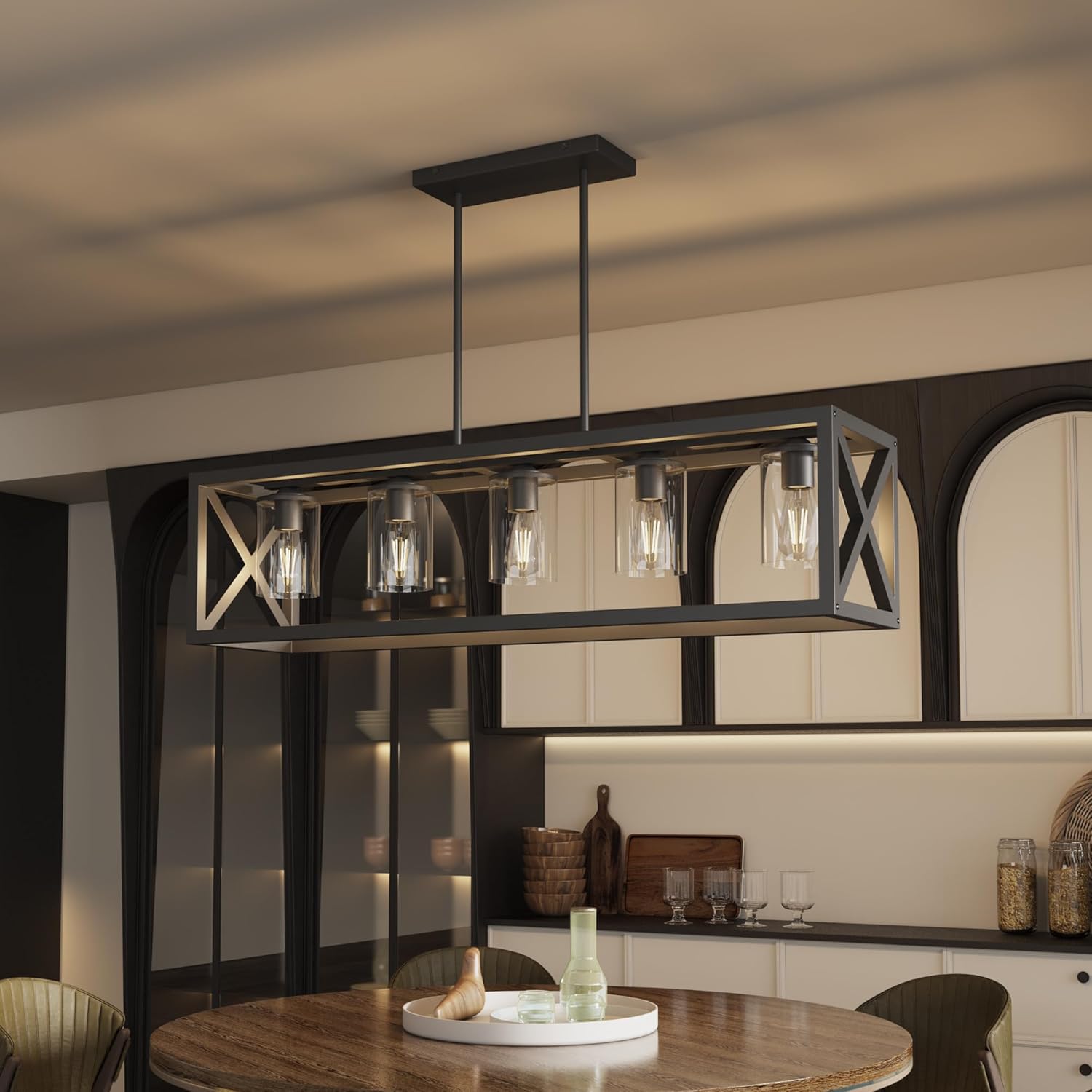 Farmhouse Dining Room Light Fixture – 5 Light Matte Black Rectangle Light Fixture with Adjustable Height & Thickened Metal Dining Table Fixture Chandeliers for Dining Room&Kitchen Island