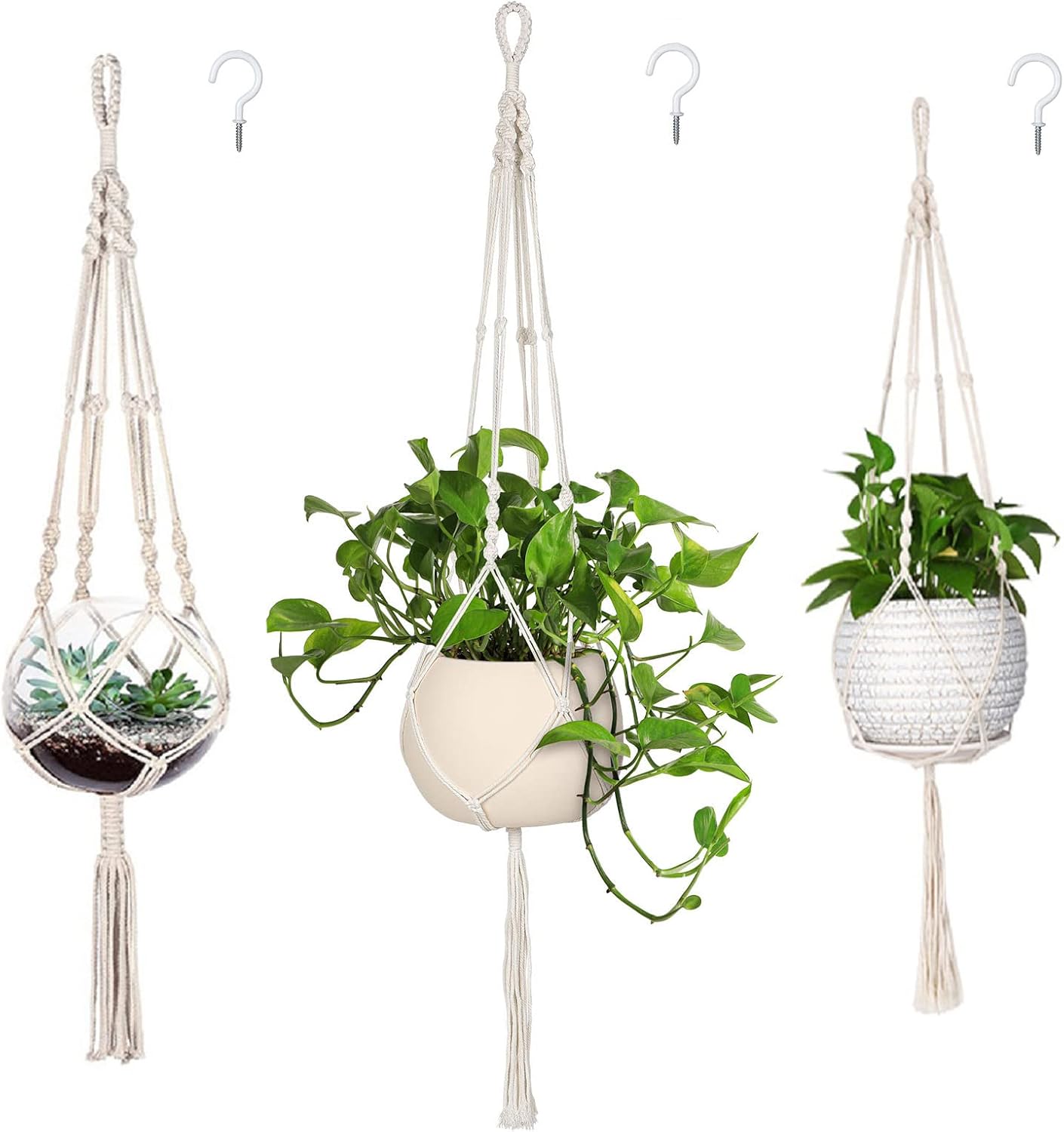 MIPON 3 Pack Macrame Plant Hangers, Hanging Planters for Indoor Plants | 3 Sizes (34″/41″/46″) Handmade Cotton with Hooks, Boho Home Decor for Patio Balcony Living Room, Fits 5-10 Inch Pots