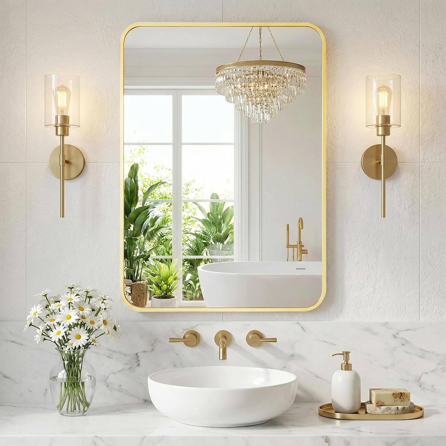 NEWBULIG Bathroom Mirror 24X36 Inch, Vanity Mirror for Wall | Rectangle Rounded Corners, Metal Frame Over Sink, Entryway Bedroom Hang, Horizontal or Vertical, Gold