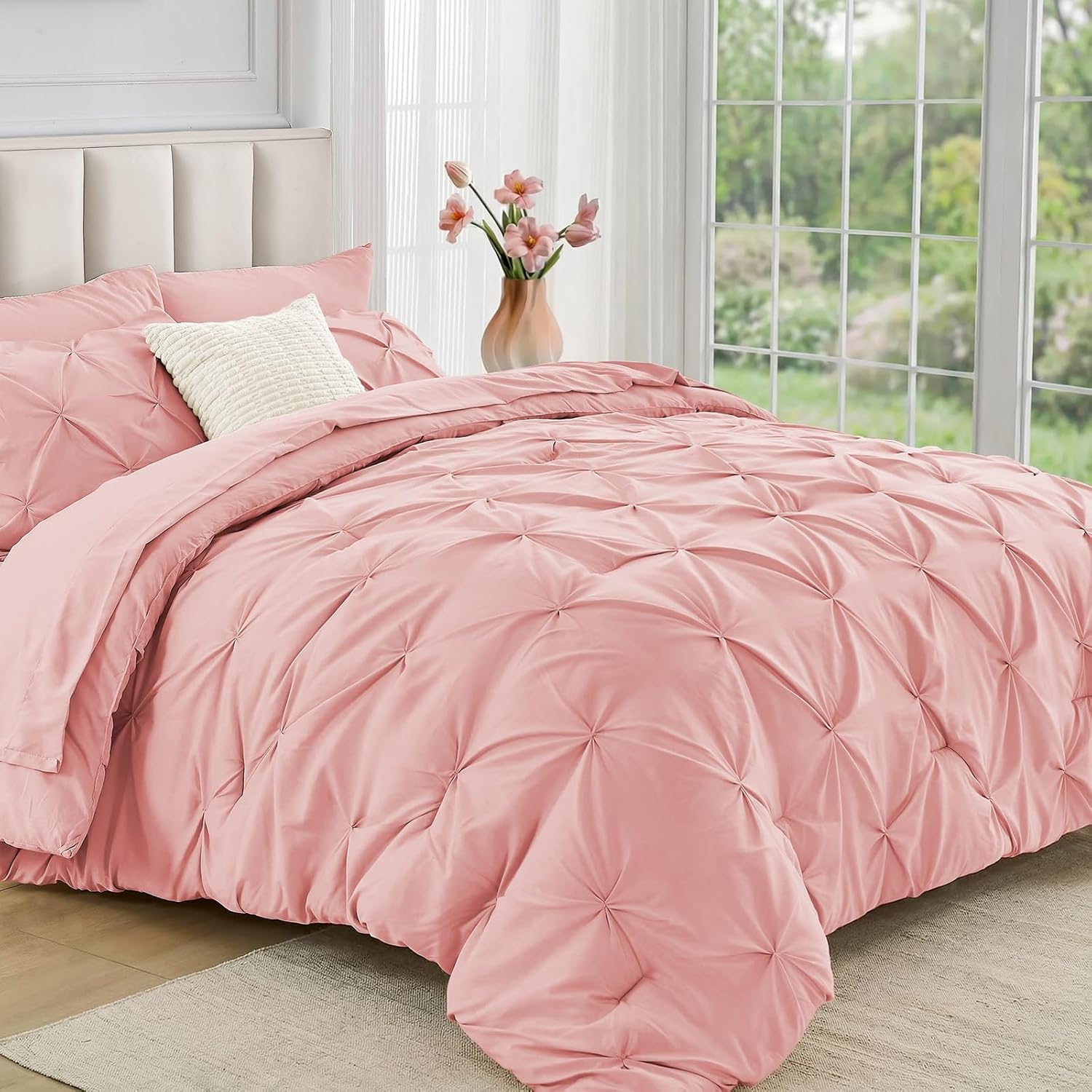 JOLLYVOGUE Queen Comforter Set 7 Pieces – Bed in a Bag Queen for All Season, Pintuck Bedding Comforter Sets with Comforter, Flat Sheet, Fitted Sheet and Pillowcases & Shams, Pink