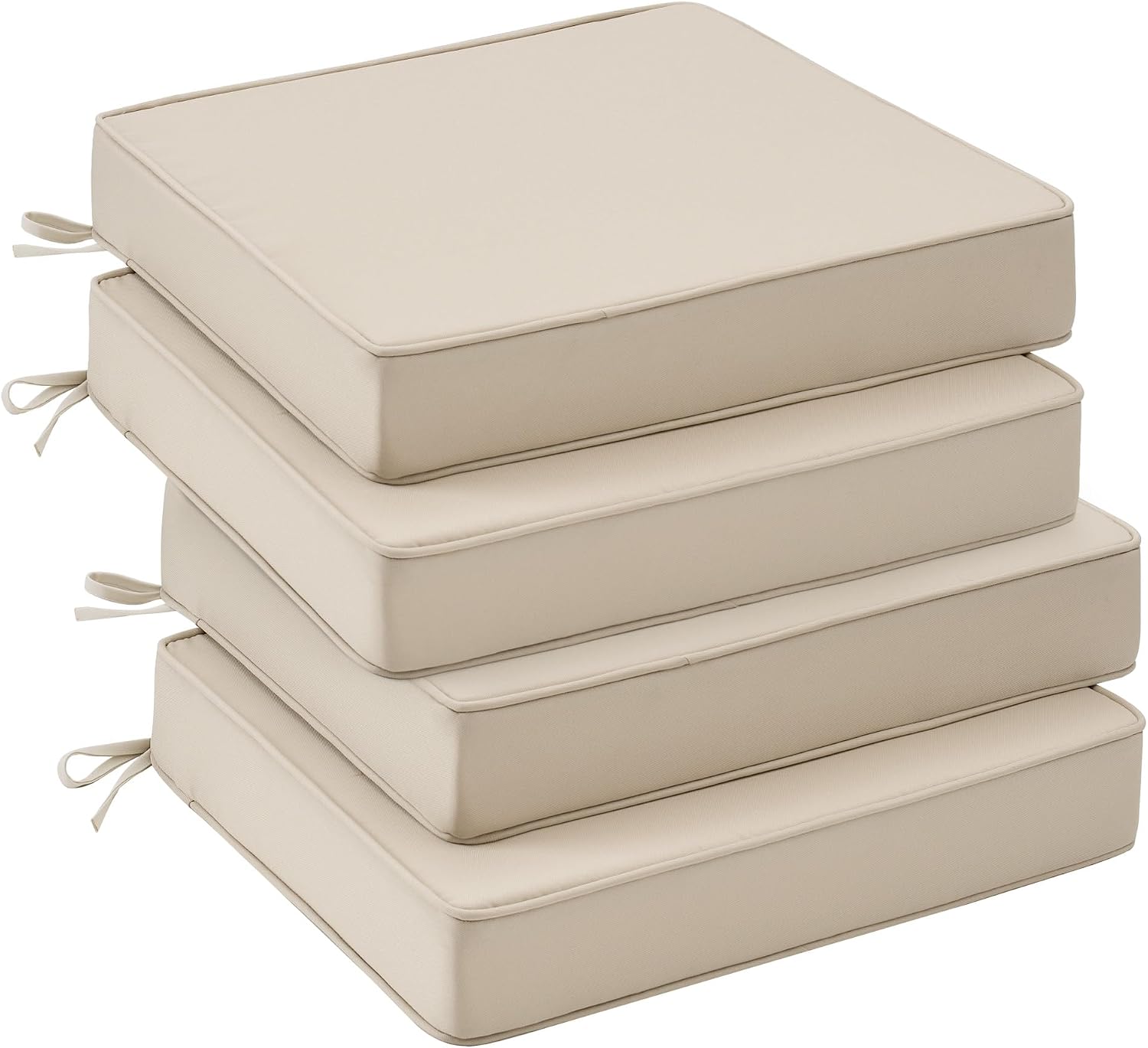 UNIKOME Outdoor Chair Cushions Set of 4, Water Resistant Patio Seat Cushions with Ties for Outdoor Furniture, High-Density Foam, UV & Fade Resistant, Piped Edge – 19″ x 19″ x 3″, Beige