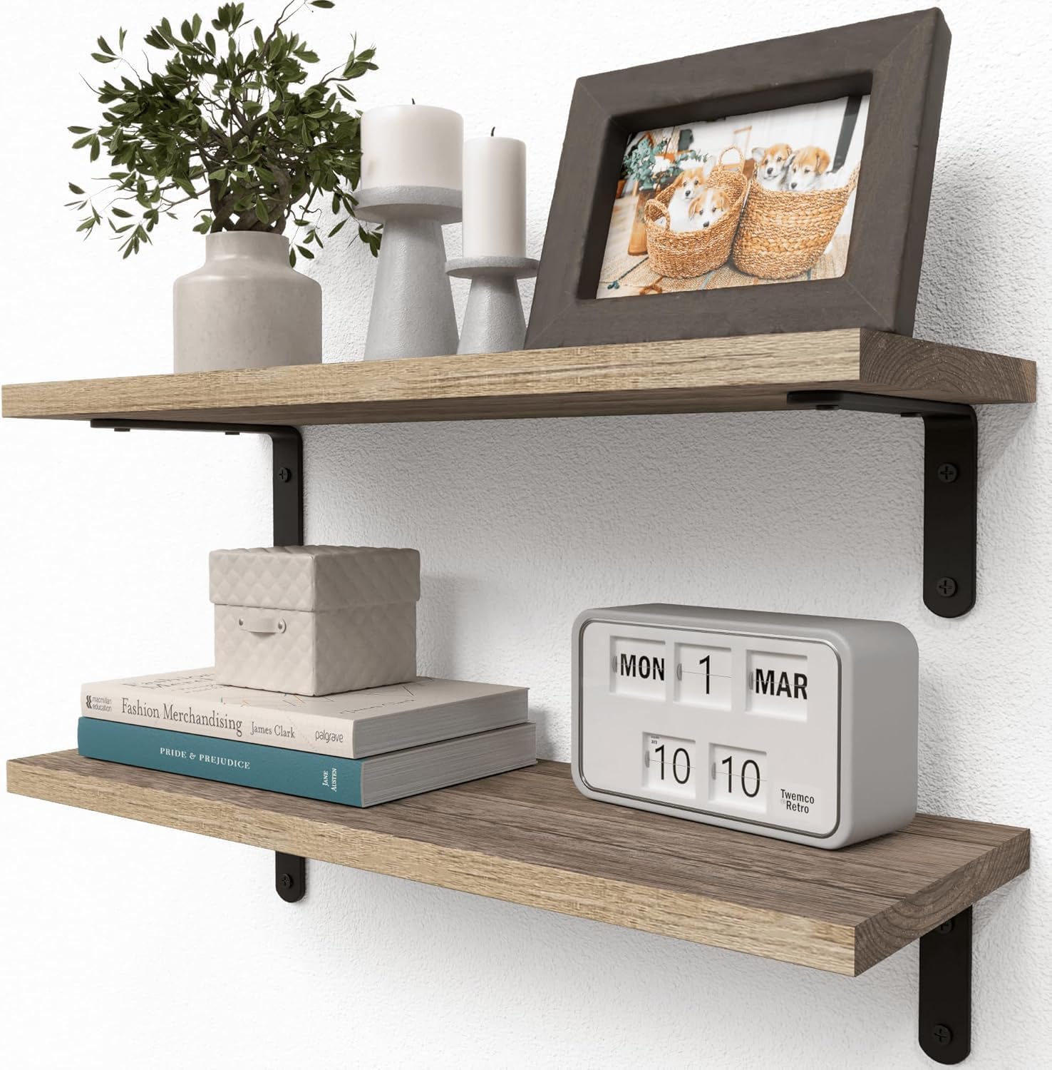 RICHER HOUSE Rustic Wood Floating Shelves, 2-Set Wall Mounted Shelves, 16In | Farmhouse Hanging Shelf for Wall Décor, Heavy Duty Book Shelf for Living Room, Bathroom Bedroom Kitchen Storage, Rustic Brown