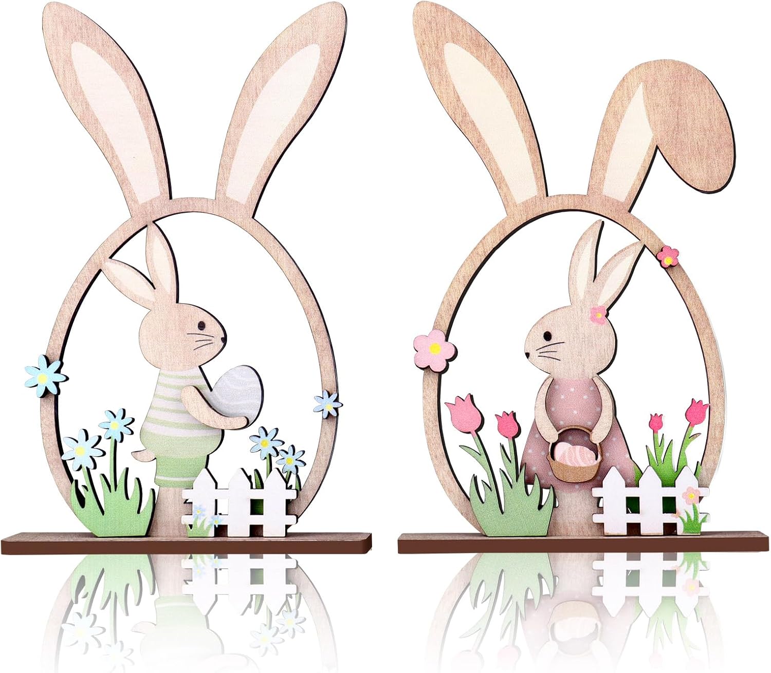 2Pcs Easter Decorations Wooden Bunny Desk Ornaments with Floral & Egg Motifs, Rustic Home Tiered Tray Decor, Spring Table Centerpieces for Easter & Seasonal Decoration (Farmhouse)