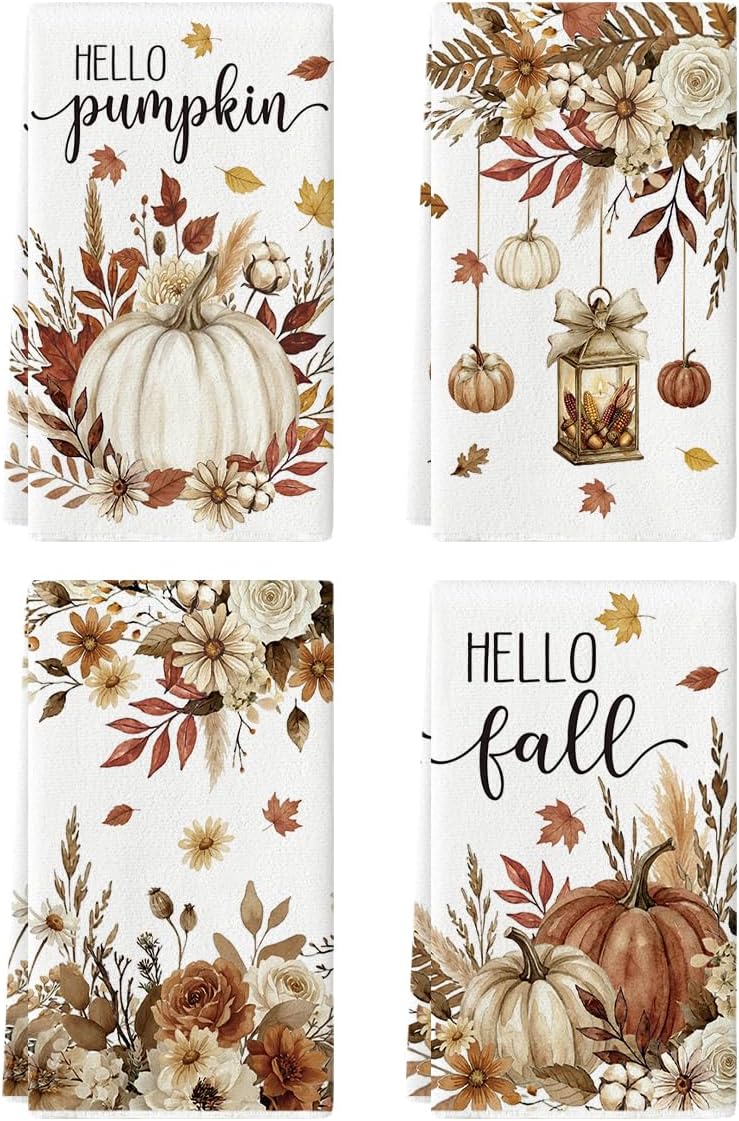 Artoid Mode Hello Pumpkin Floral Fall Kitchen Towels Set of 4 18×26 Inch | Thanksgiving Autumn Leaves Hand & Dish Towels,Ultra Absorbent,Seasonal Farmhouse Decoration