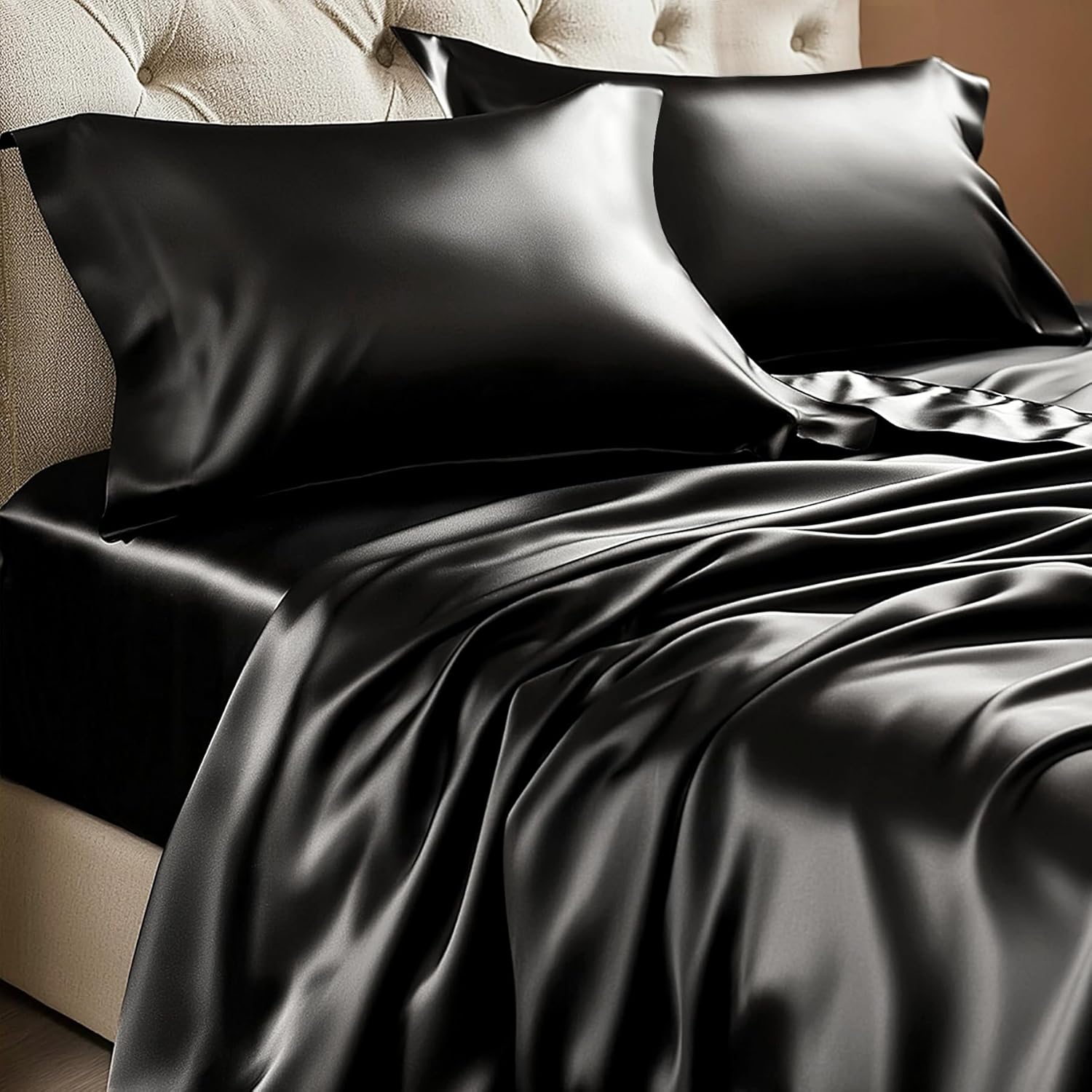 BEDELITE Satin Sheets Queen Size Bed Set, Black, 4 Pieces | Luxury Silky Bed Sheets, 15 Inch Deep Pocket, Similar to Silk, Soft and Cooling, Reduces Friction, Gentle on Hair and Skin
