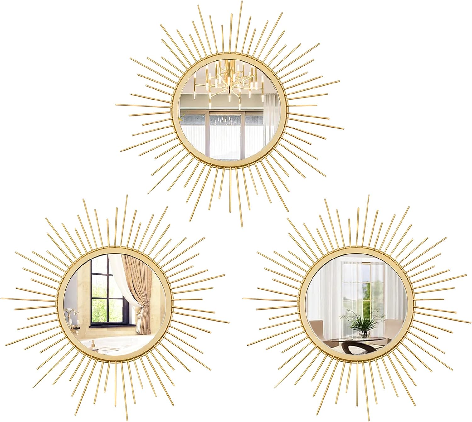 3 Set Sunburst Mirrors for Wall Decor Living Room Bedroom Bathroom Dining Room Metal Boho Sunburst Wall Mirror Set Gold Metal Vintage Circle Art Pack – Gold 11.8 in