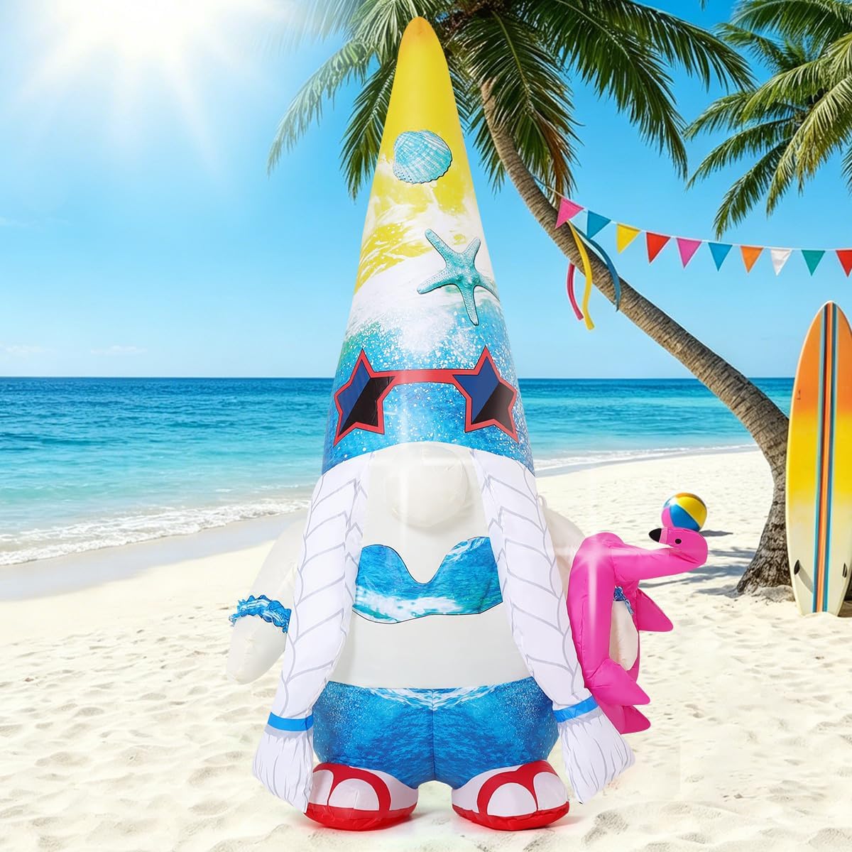 GOOSH 5 FT Summer Inflatables Gnomes Garden Decor with Flamingo, Hawaiian Beach Party Decorations for Yard Tropical Pool Home Porch