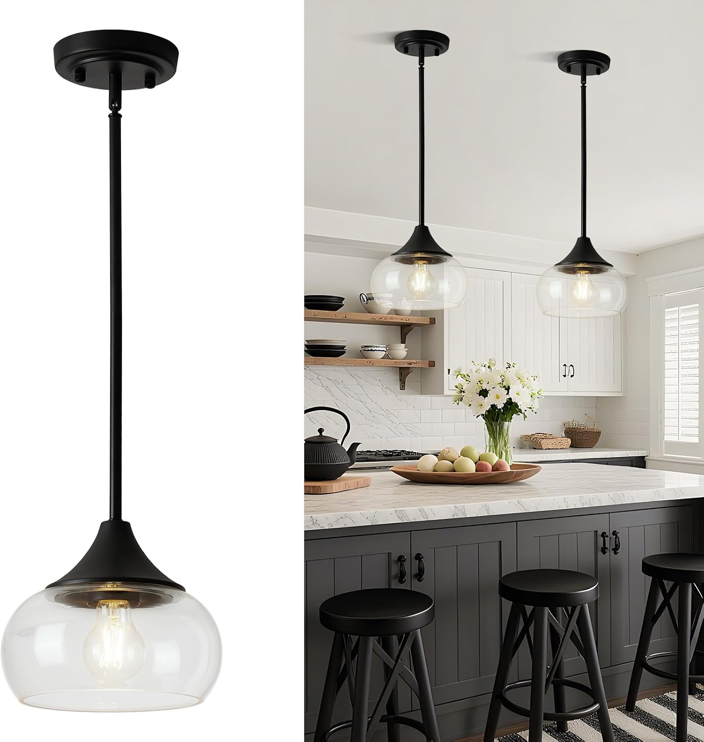 Modern Pendant Lights for Kitchen Island, Black Pendant Light Fixtures with 8.5″ Clear Glass Shade, Industrial Hanging Pendant Lights Fixture for Kitchen Island Dining Room Bedroom Entryway 1 Pack