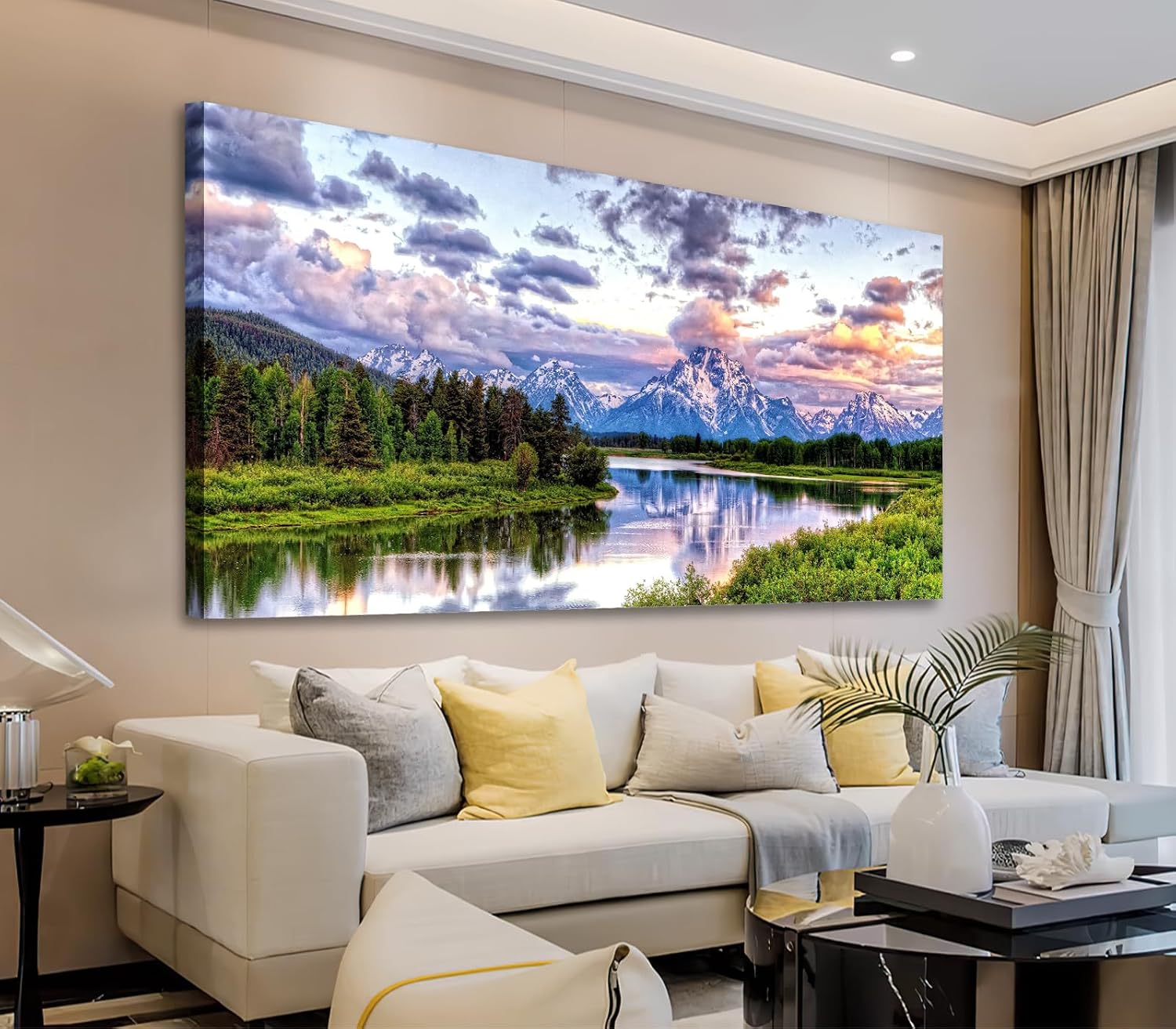 arteWOODS Landscape Canvas Wall Art Nature Picture Oxbow Bend Grand Teton National Park Modern Canvas Artwork River and Forest Contemporary Wall Art Large Size for Home Office Decoration 24″ x 48″