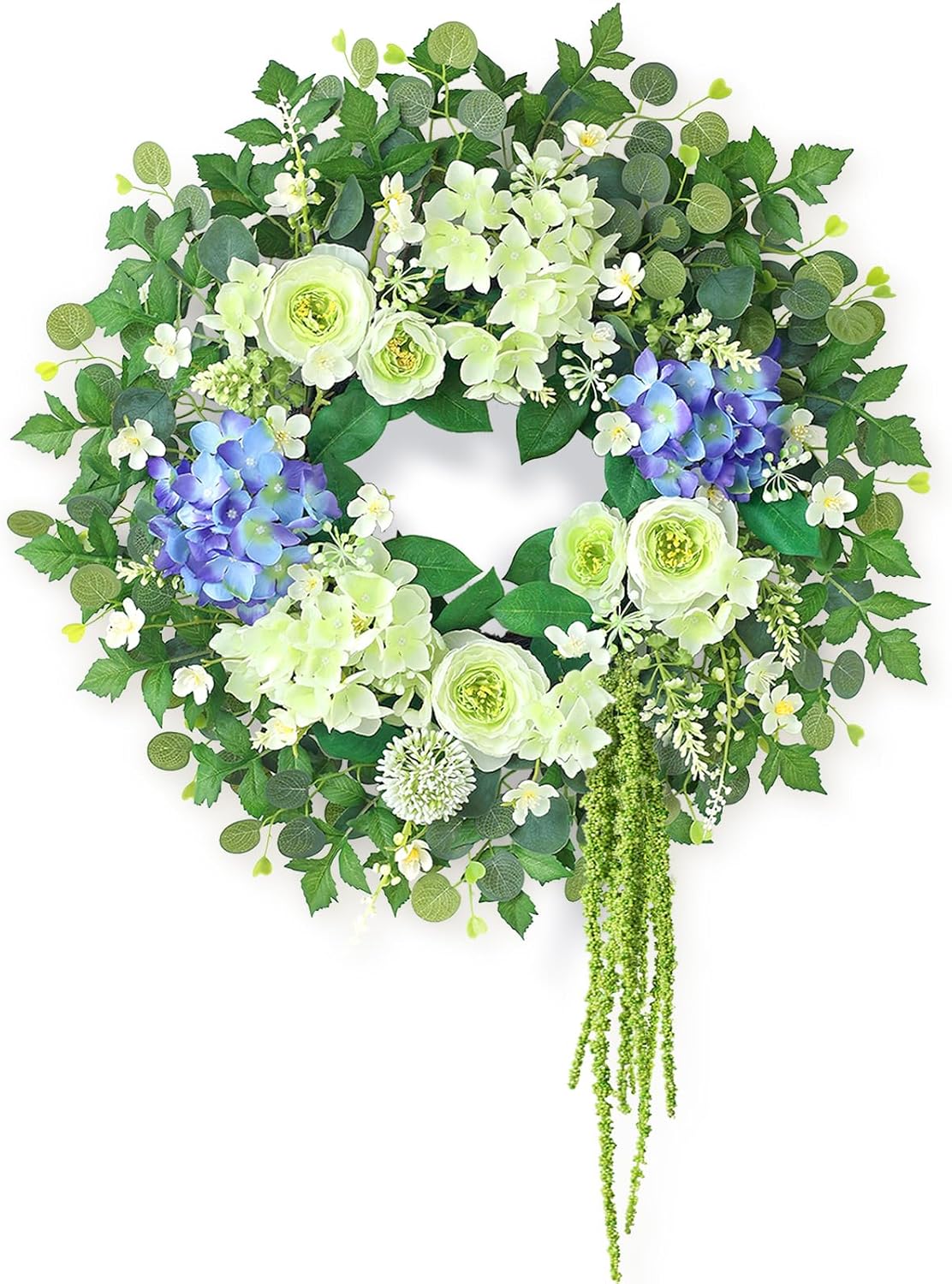 26″ Large Hydrangea Flower & Eucalyptus Leaves Wreath (White&Purple) | Artificial Silk Flowers Outdoor Wreath, for Front Door/Window/Porch/Wall/Farmhouse/Porch/Spring/Summer/All Seasons Decor